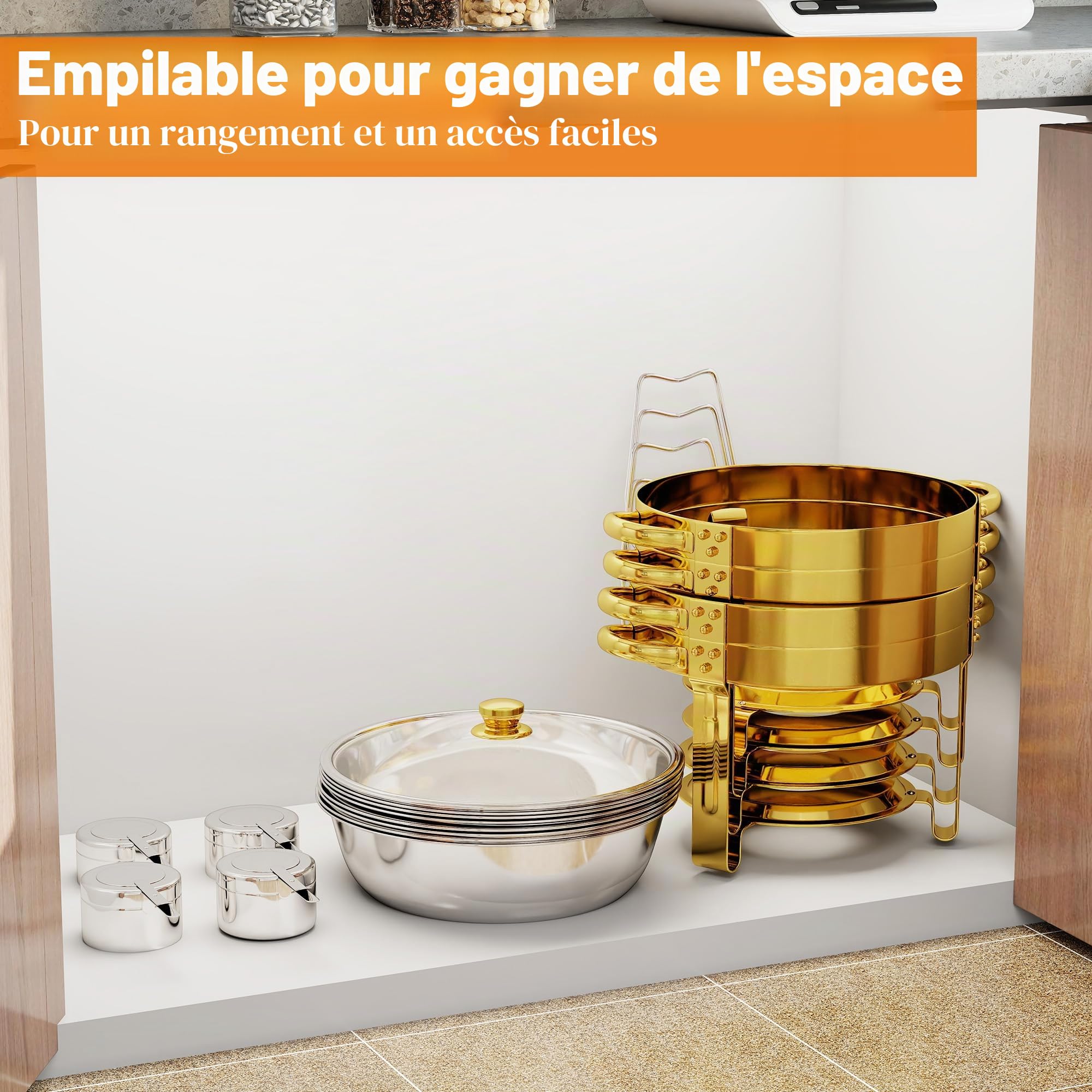 Lot de 4 Ronde Chafing Dish en Acier INOX, 5QT Chauffe Plat Buffet avec Couvercle en Verre, Réchaud Marmite Chauffante Buffet pour Fêtes, Événements, Mariages, Banquets, Dîners