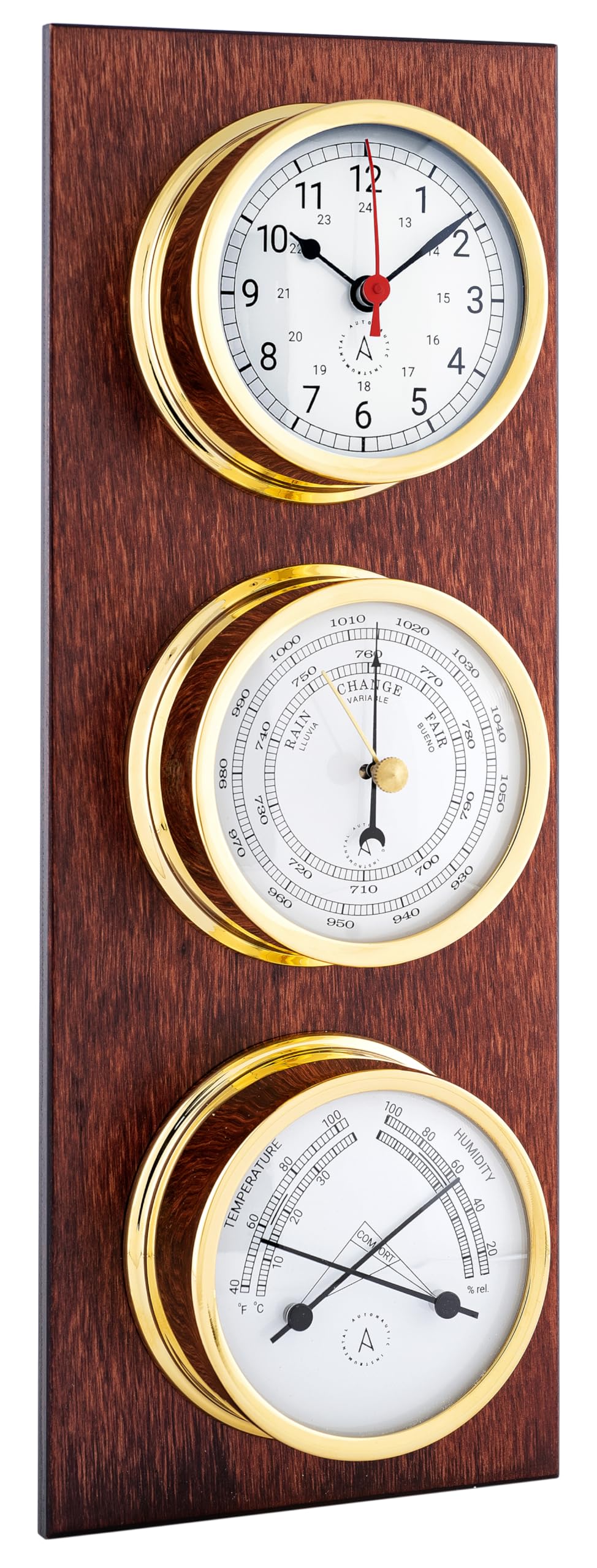 Autonautic - Stazione meteorologica nautica in ottone con bagno d'oro - Orologio, barometro e termoigrometro, per imbarcazioni o Decoración - 95mm (ø) - Made in Spain.