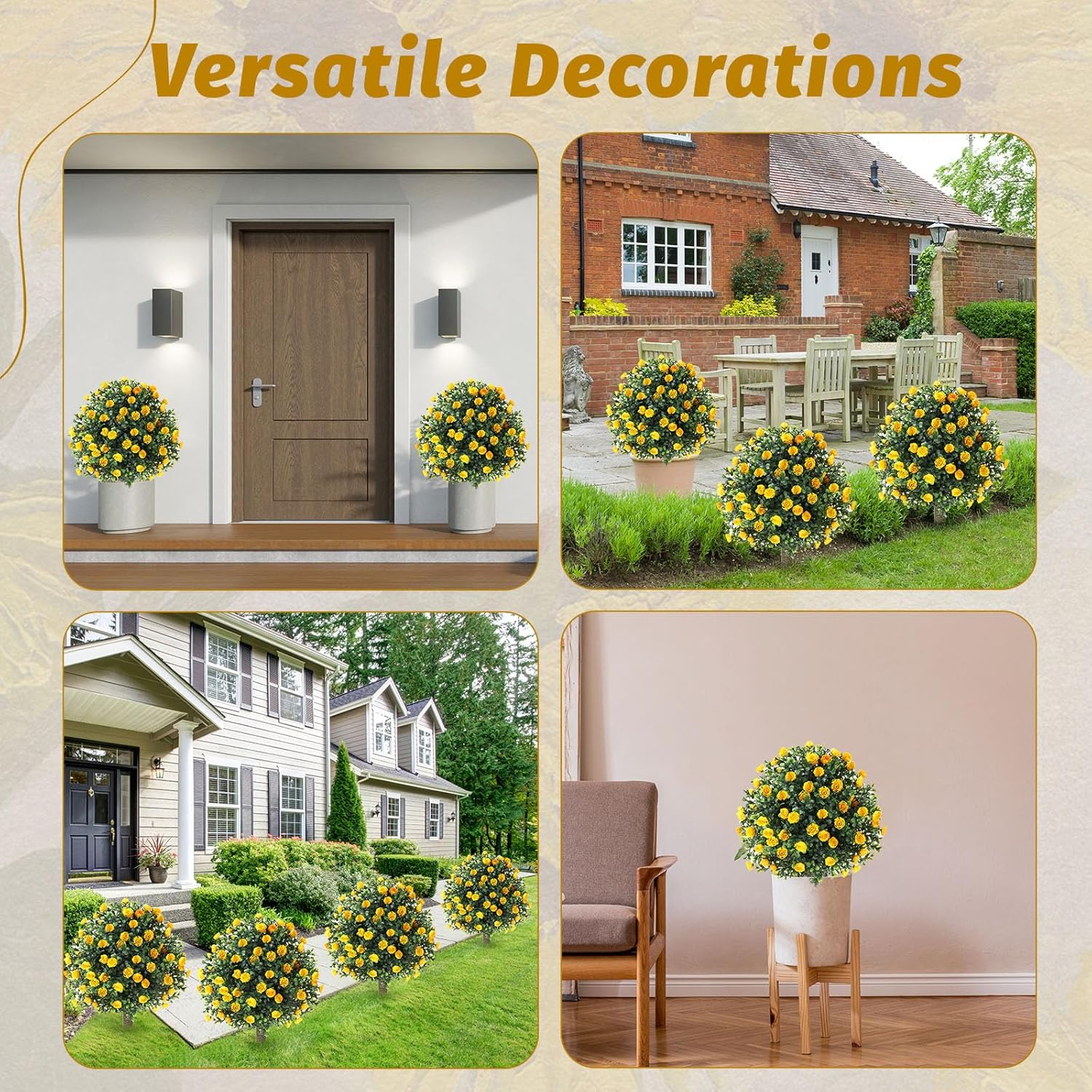 Yunlly 6 Set Artificial Rose Boxwood Topiary Ball Trees with Ground Spike, UV Resistant Artificial Shrubs Fake Evergreen Faux Plant Brush for Outdoor Indoor Front Porch Garden (Yellow,18x10inch)