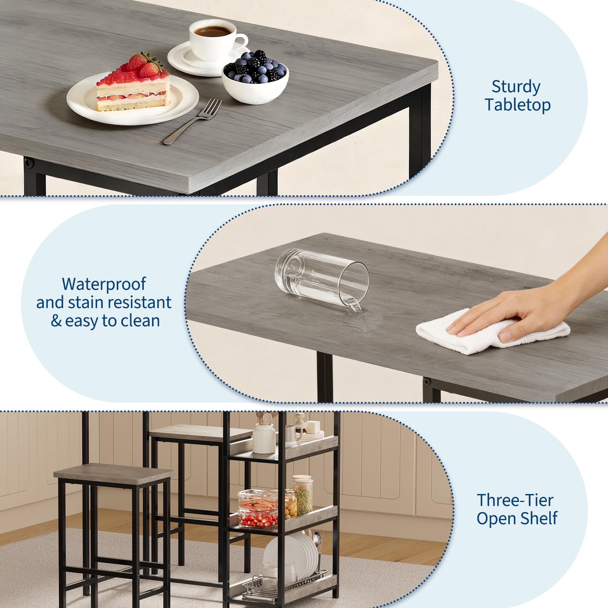Garvee Bar Tisch Und Stühle Set, Rechteckiger Pub Tisch Mit 2 Hockern Für Kleinen Platz, High Top Tisch, 3-Teilige Frühstück Hocker Set, Robuster Metallrahmen, Einfach Zu Montieren,Grau