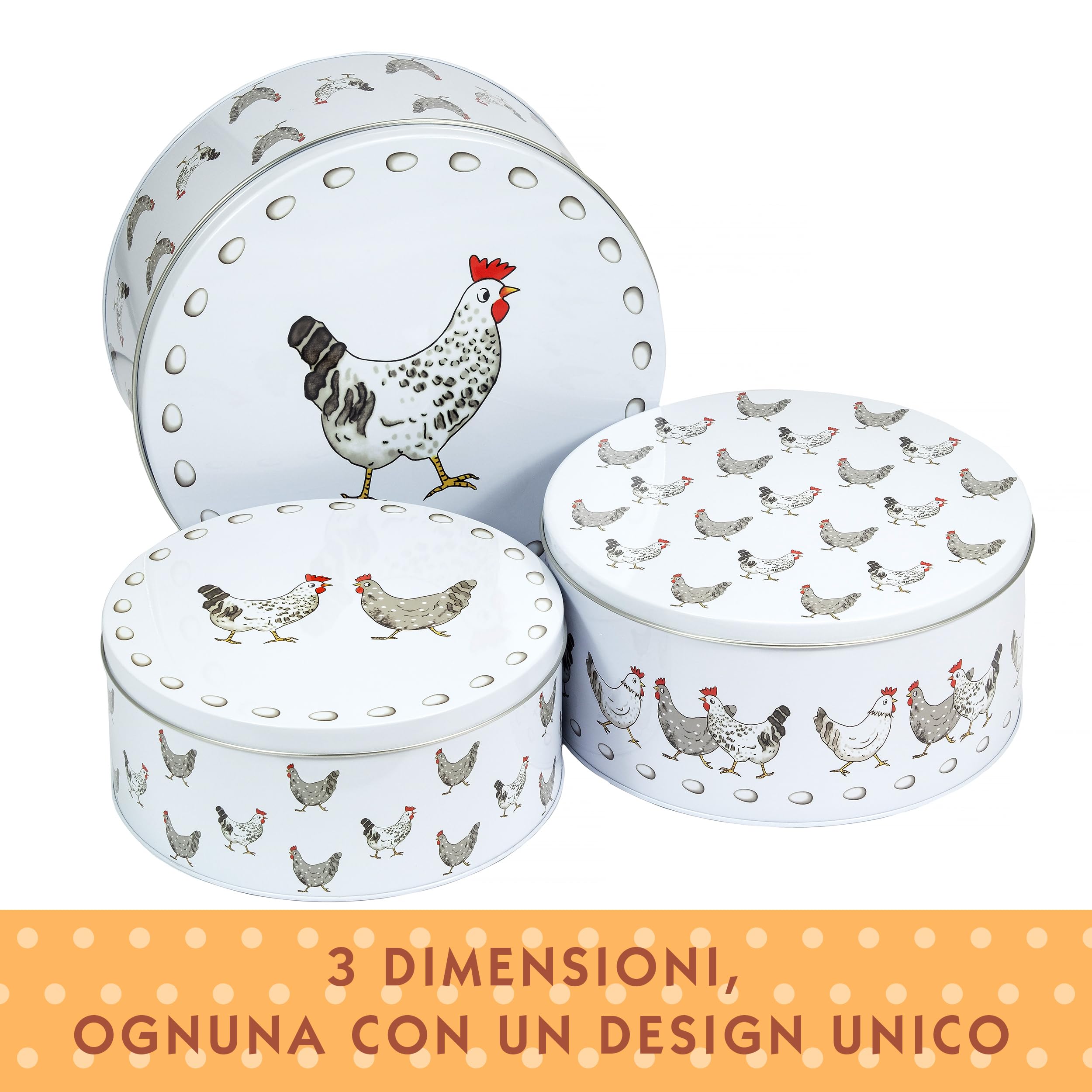 SPOTTED DOG GIFT COMPANY Set di 3 Scatole di Latta, Contenitori Impilabili per Biscotti in Metallo, Barattoli di Latta Rotondi Ermetici per Conservare Torte e Alimenti, Piccoli Medi Grandi - Galline