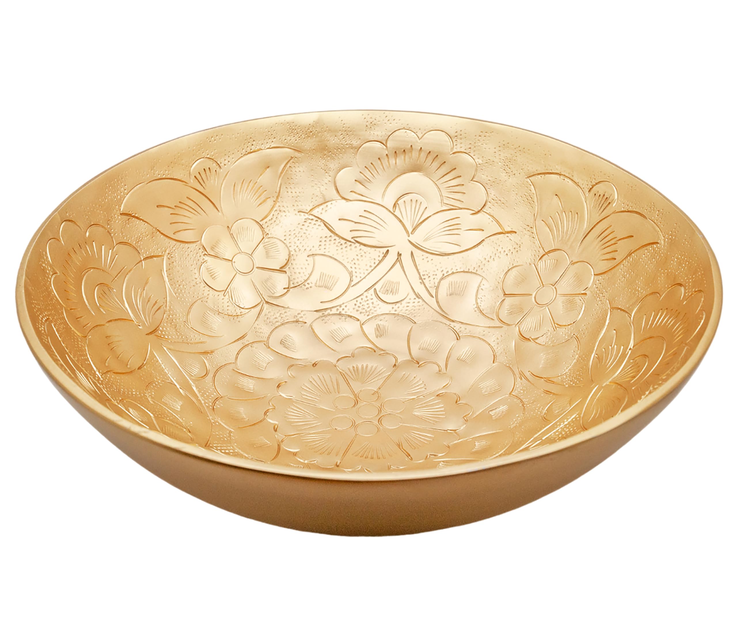 Luene Handcrafted Decorative Gold Brass Colored Bowl with Floral Etching - Elegant Table Centerpiece for Home Decor - Bohemian Boho Home Decor - Holiday Serving Dish or Fruit Bowl for Kitchen Counter