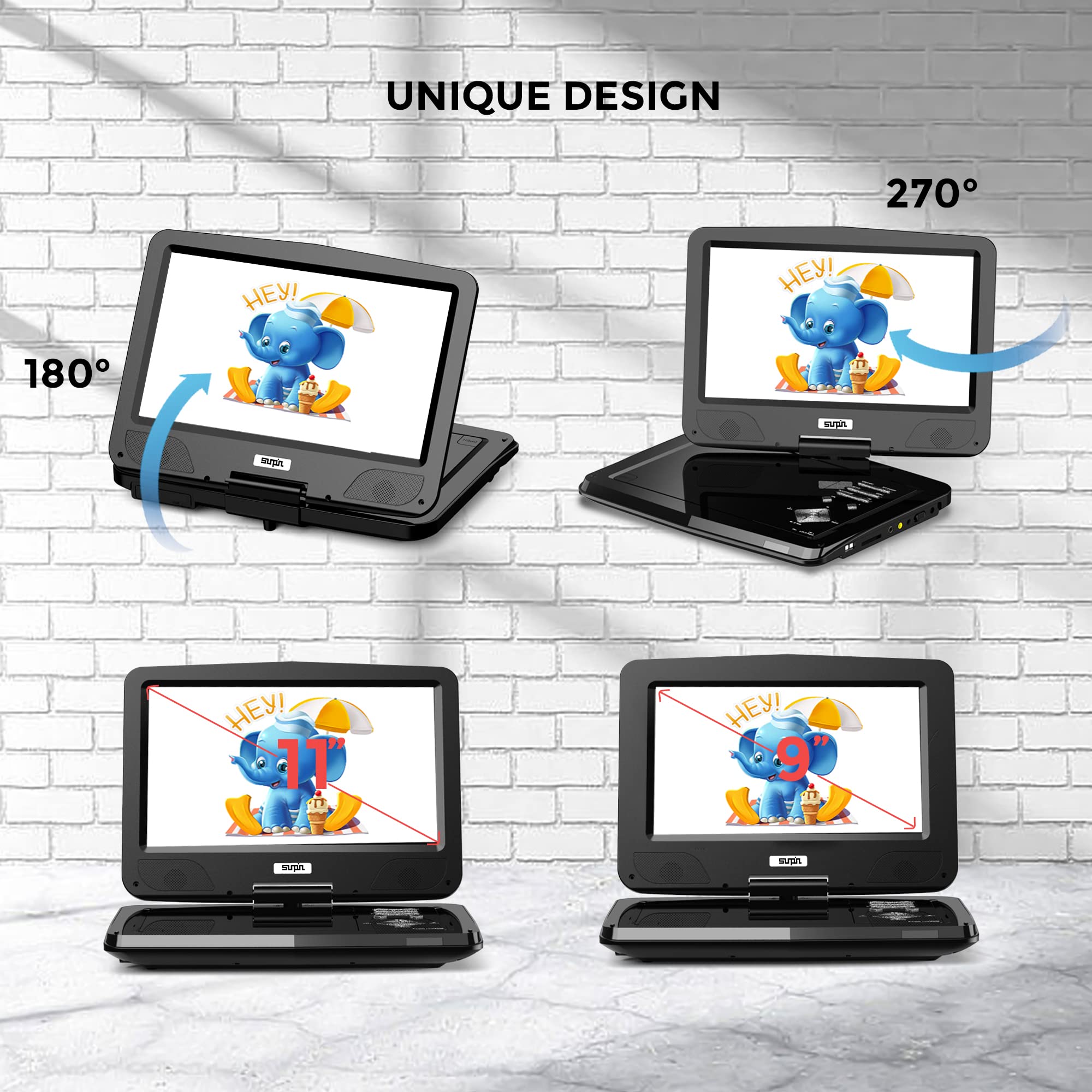 SUNPIN 12,5 Zoll Tragbarer DVD Player mit 10,5 Zoll HD Schwenkbaren Bildschirm, 6h Akkulaufzeit, Region Free, AV-Out/Kopfhörerbuchse, Auto Halterung Inklusive - Ideal für Reisen/Auto/Kinder