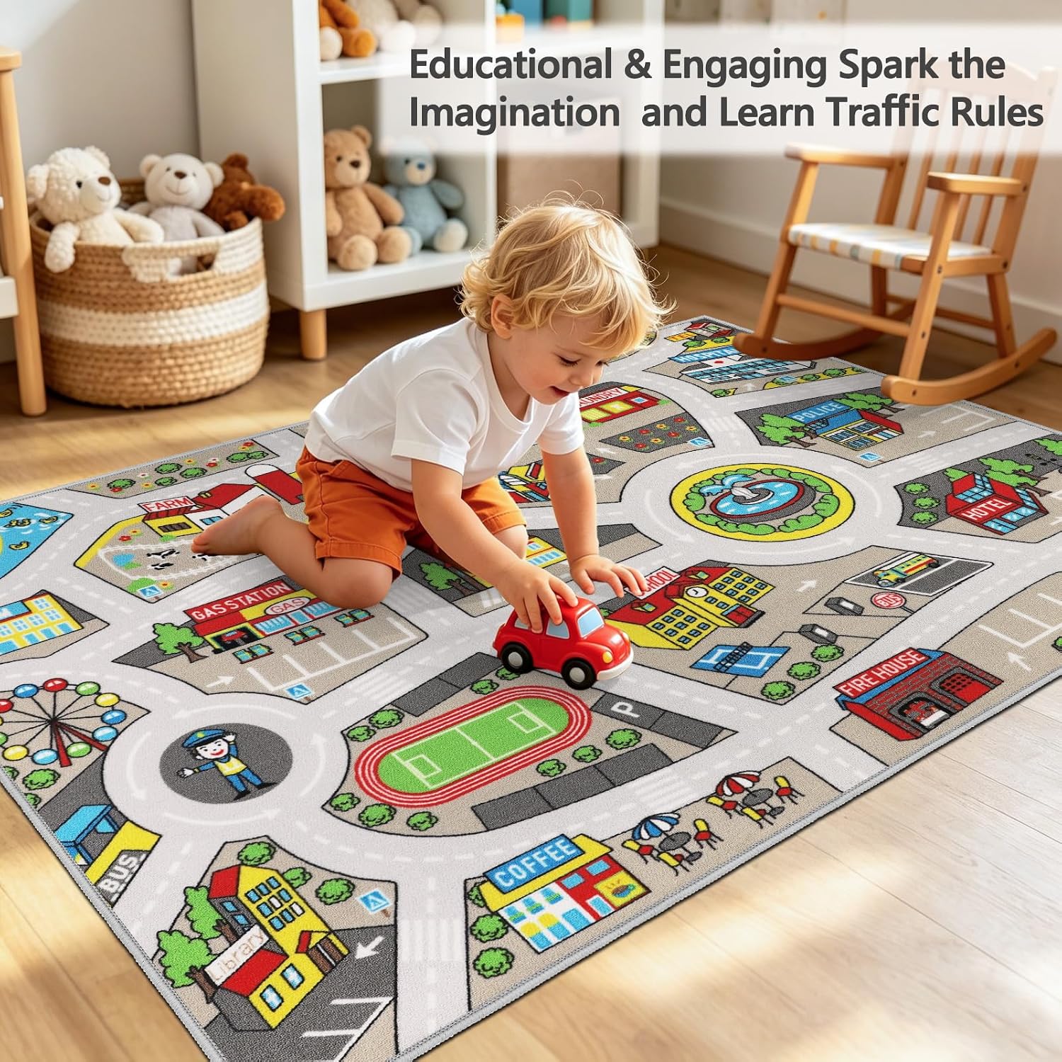 Kids Rug 3'3" x 5'2" City Life Playmat Area Rug Car City Map Washable Traffic Road Educational Learning Nursery Rug Carpet for Children Playroom Living Room Bedroom Classroom Decor Tan image 2