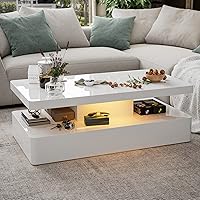 Vista 8 de IKIFLY - Mesa de café LED de alto brillo, mesa de café moderna para sala de estar, mesa de diseño rectangular de 2 niveles con luces LED de 16 Negro
