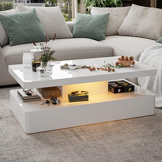 IKIFLY Modern High Glossy White Coffee Table with 16 Colors
