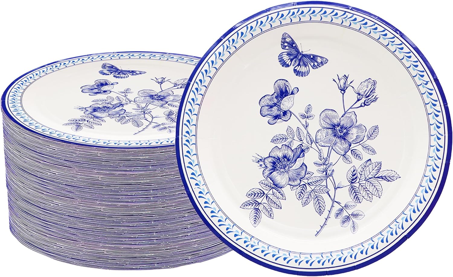 40Pcs Blue and White Floral Paper Plates Floral Blue White
