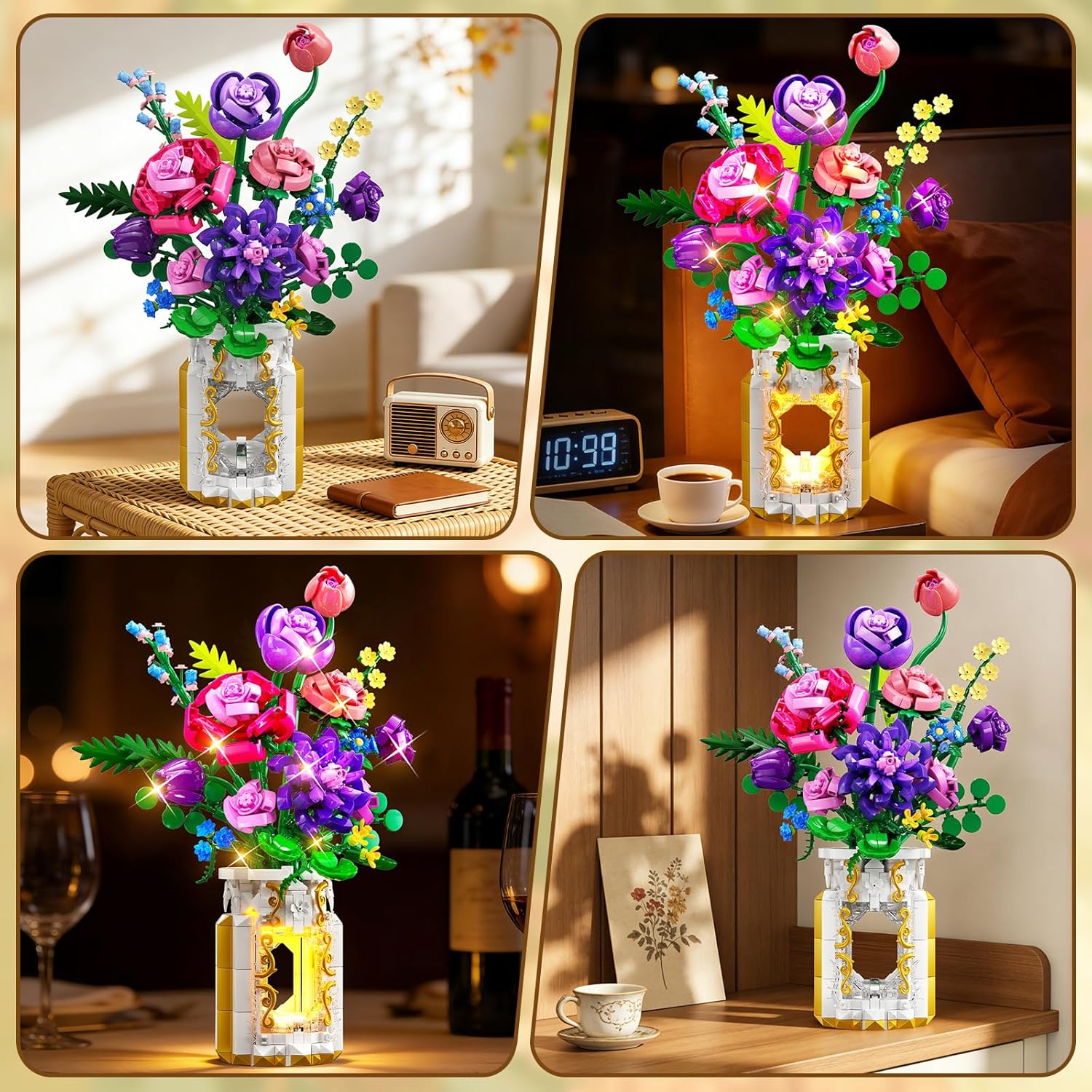 CUBIMANA Flowers Bouquet Building Set with Hollowed-out Vase & LED Light - Gifts for Mothers Day - 1093PCS Botanical Collection Building Block Toy, Indoor Artificial Flowers Decoration for Home Office