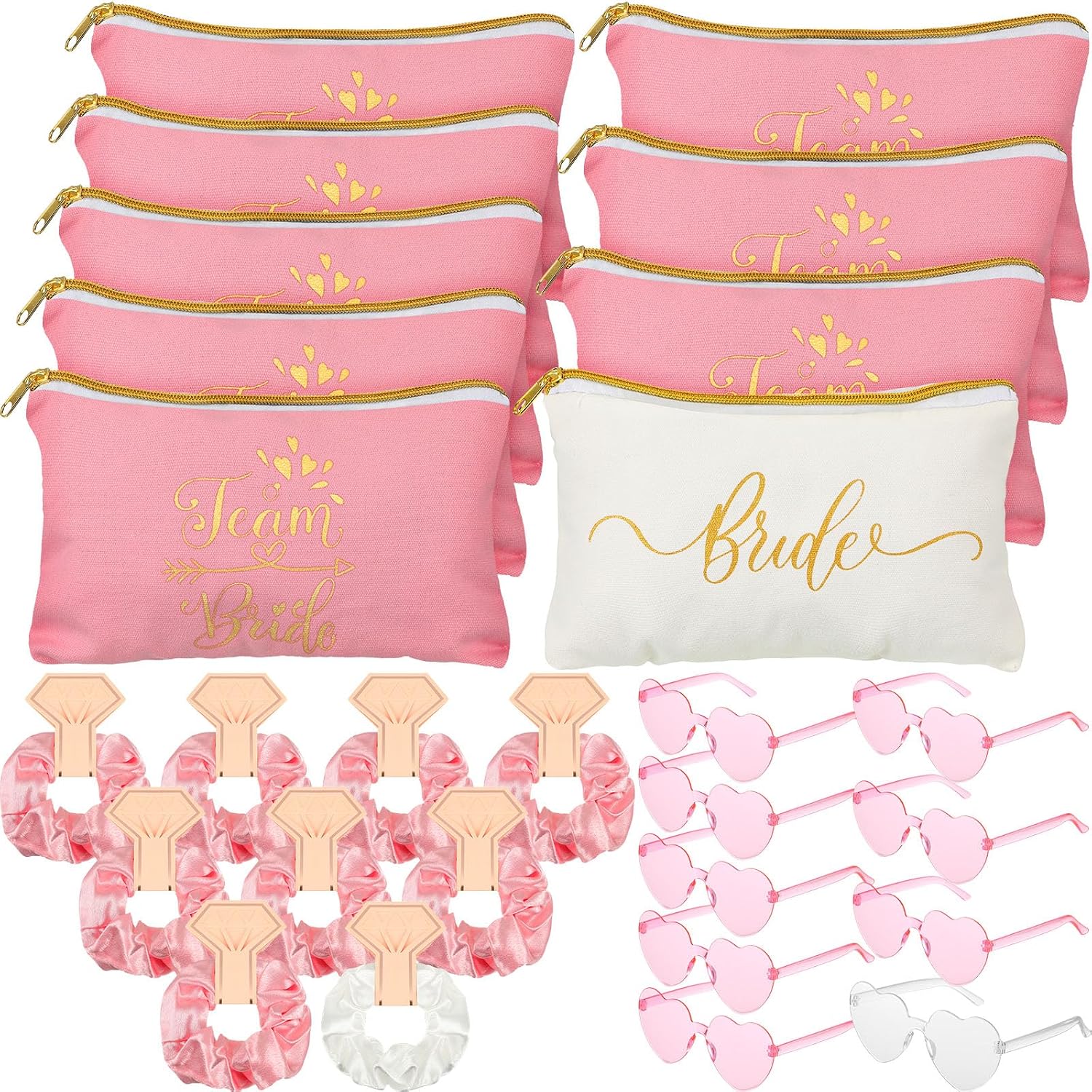 Sweetude 27 Pcs Bridesmaid Proposal Gift Bride Cosmetic Makeup Bags Bridal Hair Scrunchies Ties Heart Shape Sunglasses for Wedding Bachelorette Party Favor(Black, White)