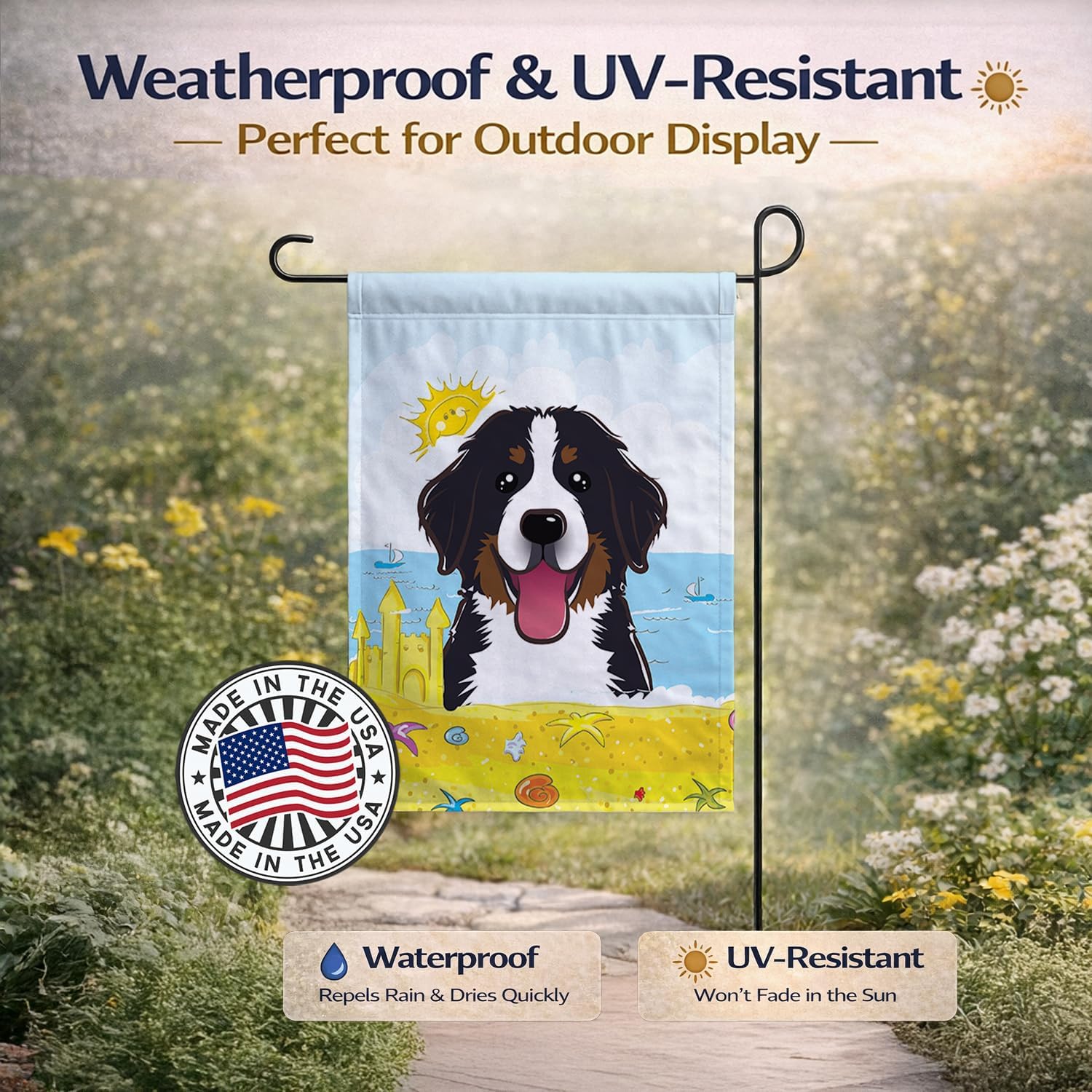 Caroline's Treasures BB2105GF Bernese Mountain Dog Summer Beach Garden Flag Mailbox Flag Decorative Yard Flag Banner Outside Patio Artwork Yard Flower Beds, Garden Size, Multicolor
