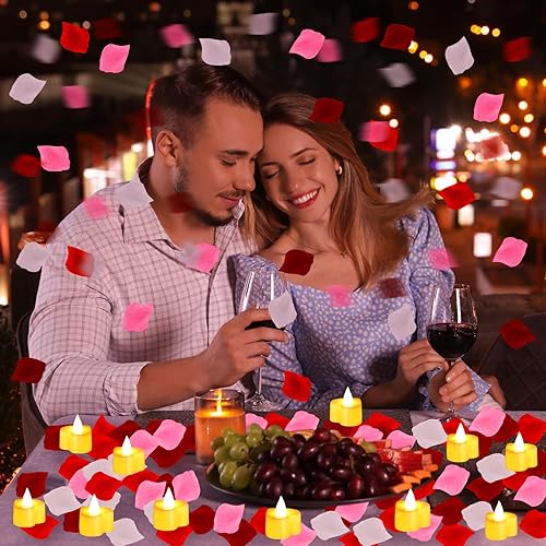 Miniatura 6 de 4000 pétalos de rosa artificiales con 24 velas LED de té, velas LED sin llama, pétalos de rosa falsos para propuesta, boda, noche de San Valentín
