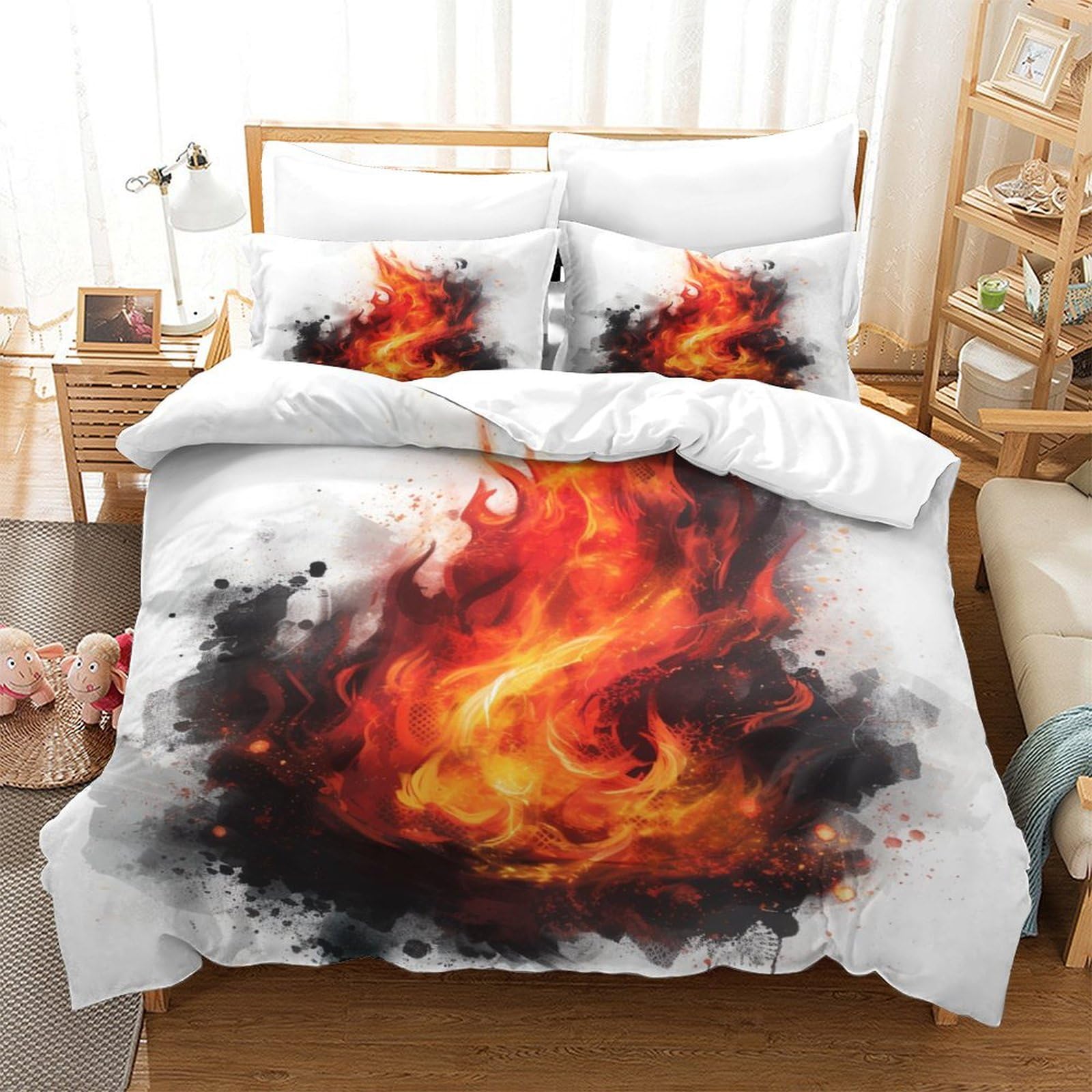 P1s9u7w5y Burning Splash 3D Printed Flame Art 3Pcs Microfiber Duvet Cover Set Fire Pattern Bedding Set King（220X240cm）