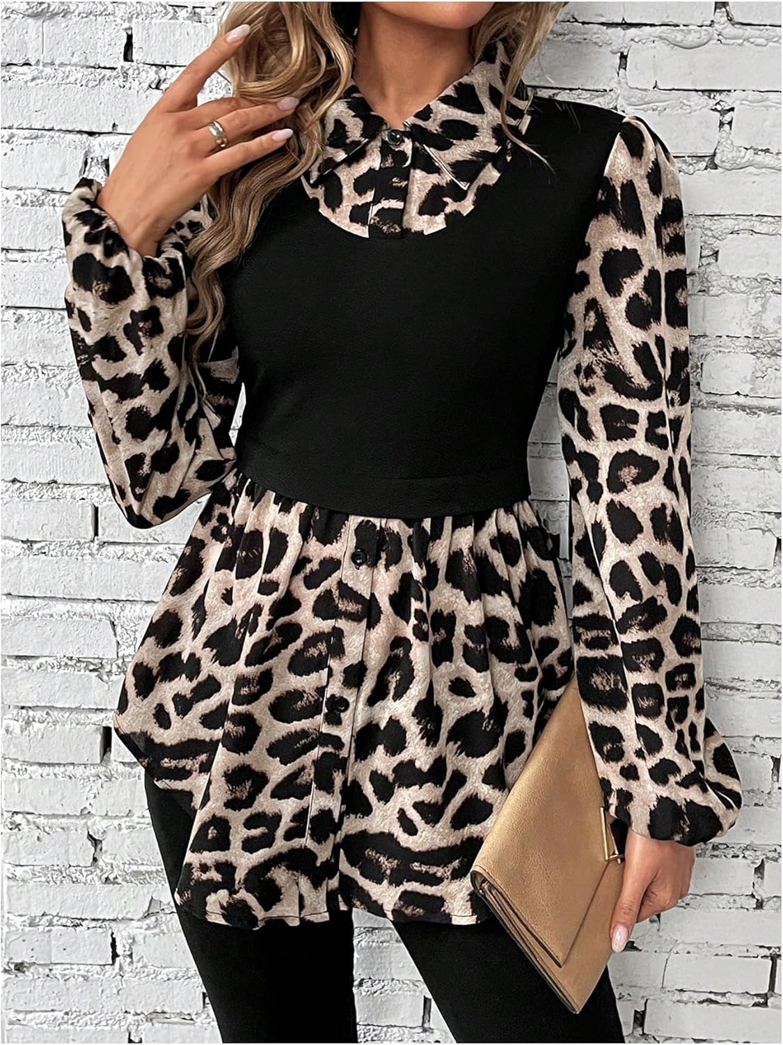 GORGLITTER Women's Cheetah Leopard Animal Print Peplum Top Blouse Lantern Long Sleeve Fall Teacher Baby Doll Twofer Top - Image 6