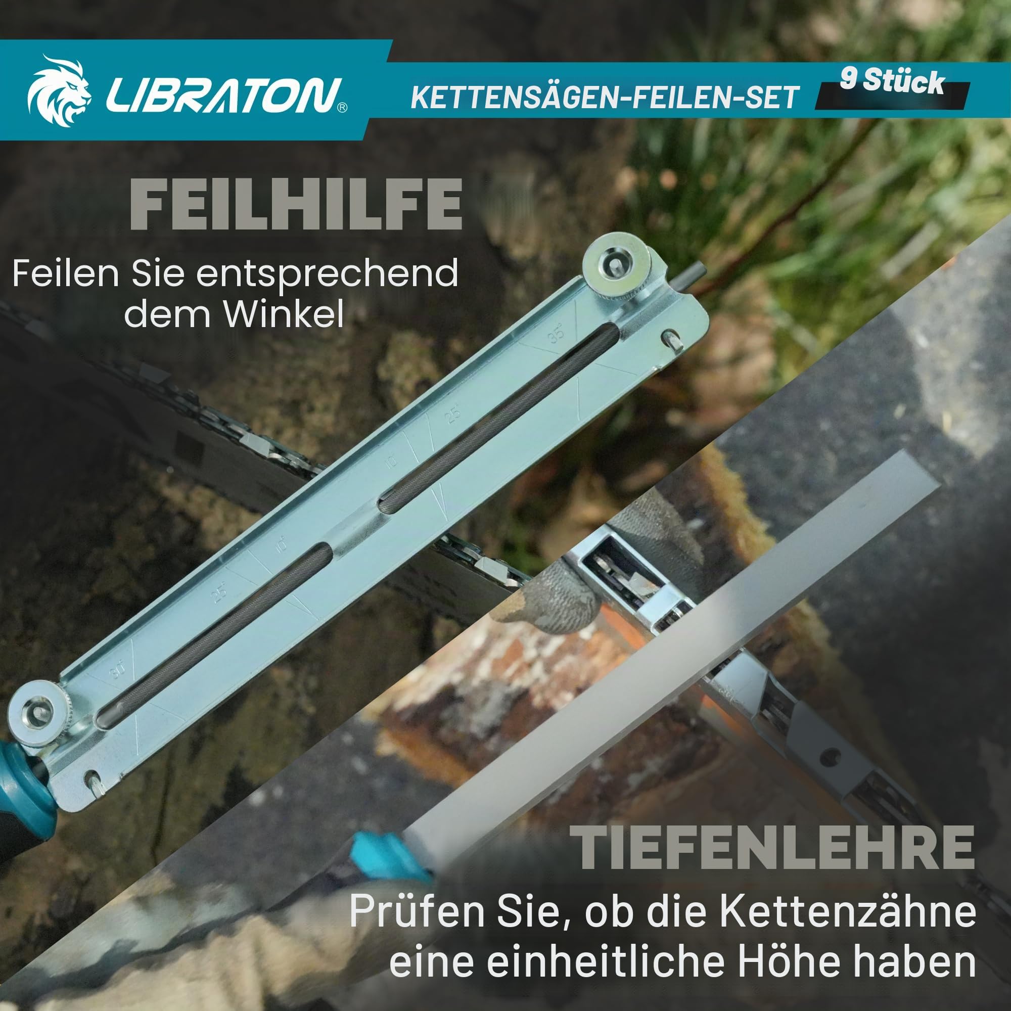 LIBRATON Kettensägenfeile, 4,0, 4,8, 5,5mm (5/32", 3/16", 7/32") Kettensägen Schärfen, Rundfeile Kettensäge, 6" Flachfeile, Tiefenmesser, Schärfanleitung, Schienennutreiniger, Beutel, zum Kettensägen