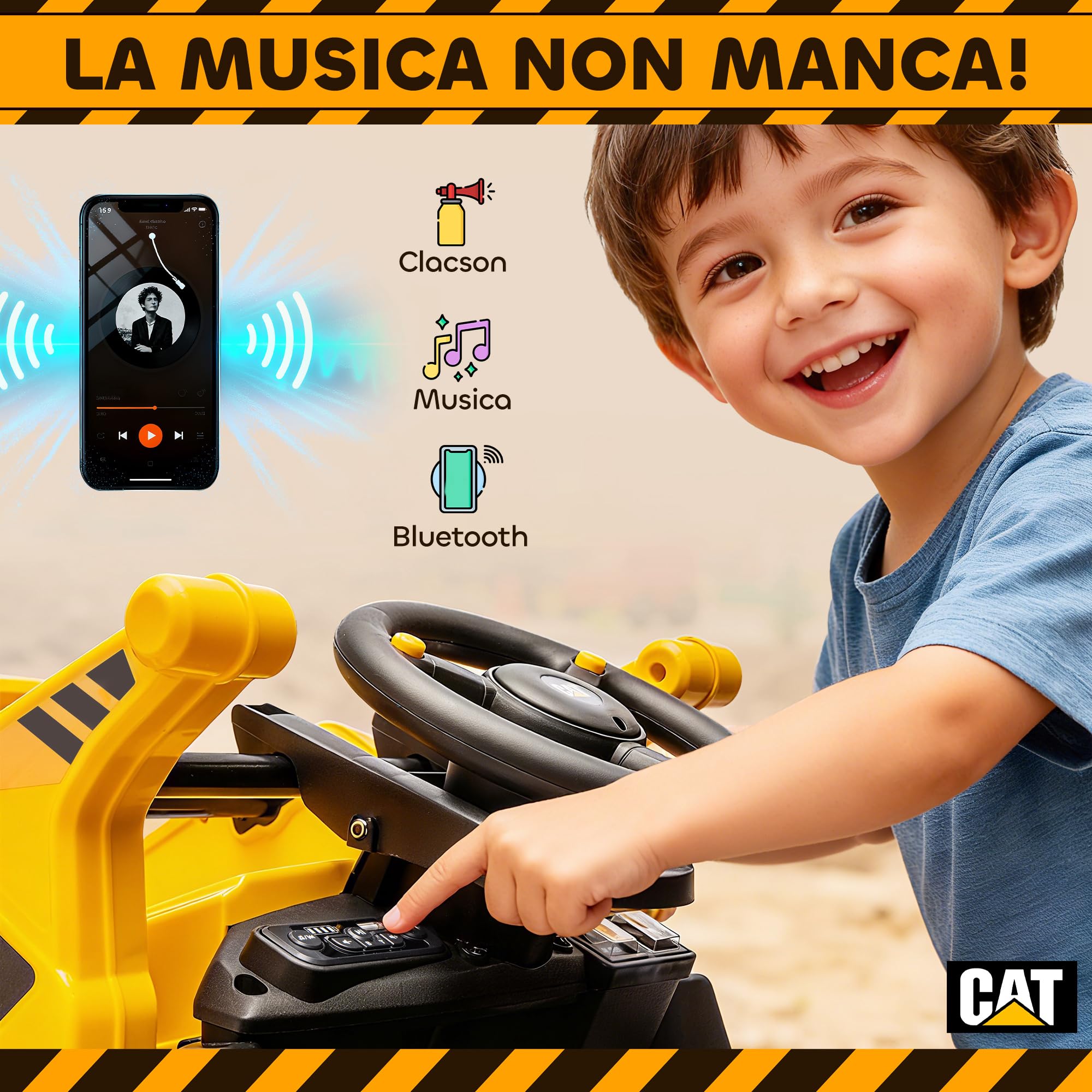 AIYAPLAY Ruspa Elettrica per Bambini 3-6Anni Licenza CAT con Benna Giallo | Macchina Elettrica Escavatore Trattore Giocattolo Cavalcabile, 12V 7AH, 2 Motori, Telecomando, Musica, Bluetooth e USB
