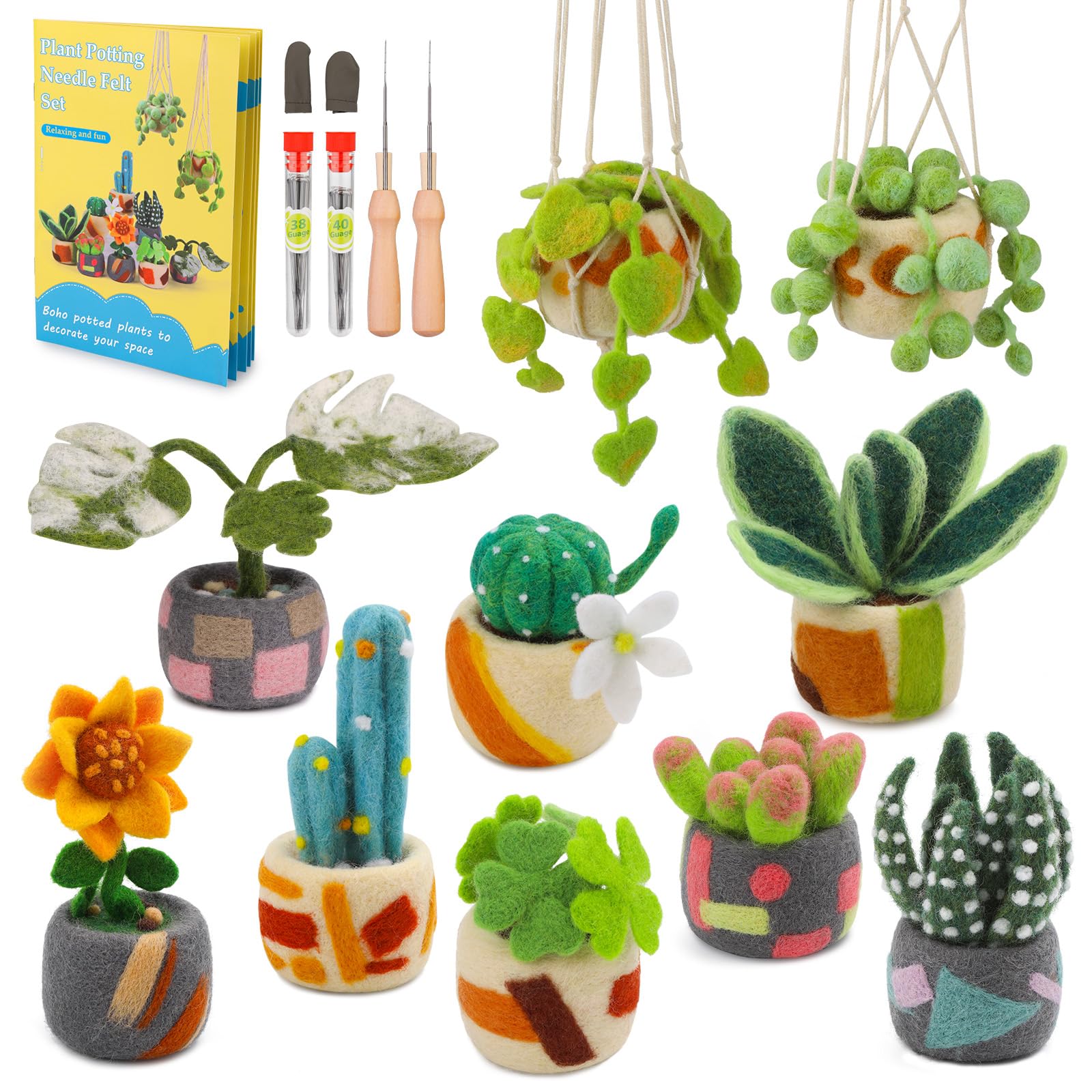OEHPICC Kit de fieltro de aguja, paquete de 10 unidades, kit de inicio de fieltro con herramientas básicas de fieltro, instrucciones claras para principiantes y adultos, kit de manualidades para