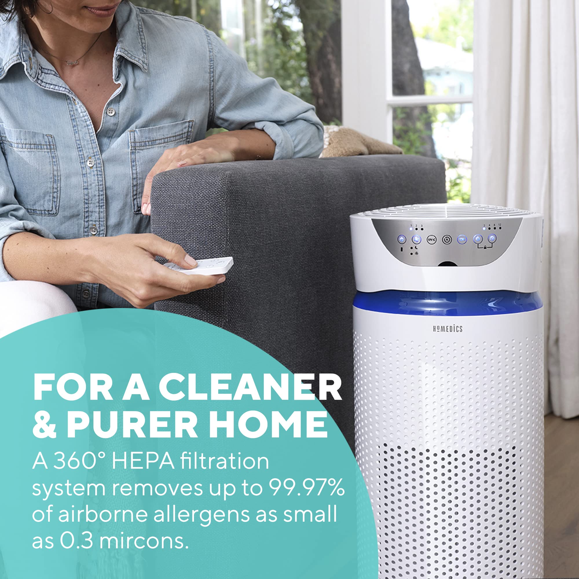 HoMedics 5 w 1 Oczyszczacz Powietrza TotalClean, System filtrowania HEPA i węgla aktywnego z wymianą powietrza, 4.8 razy na godzinę