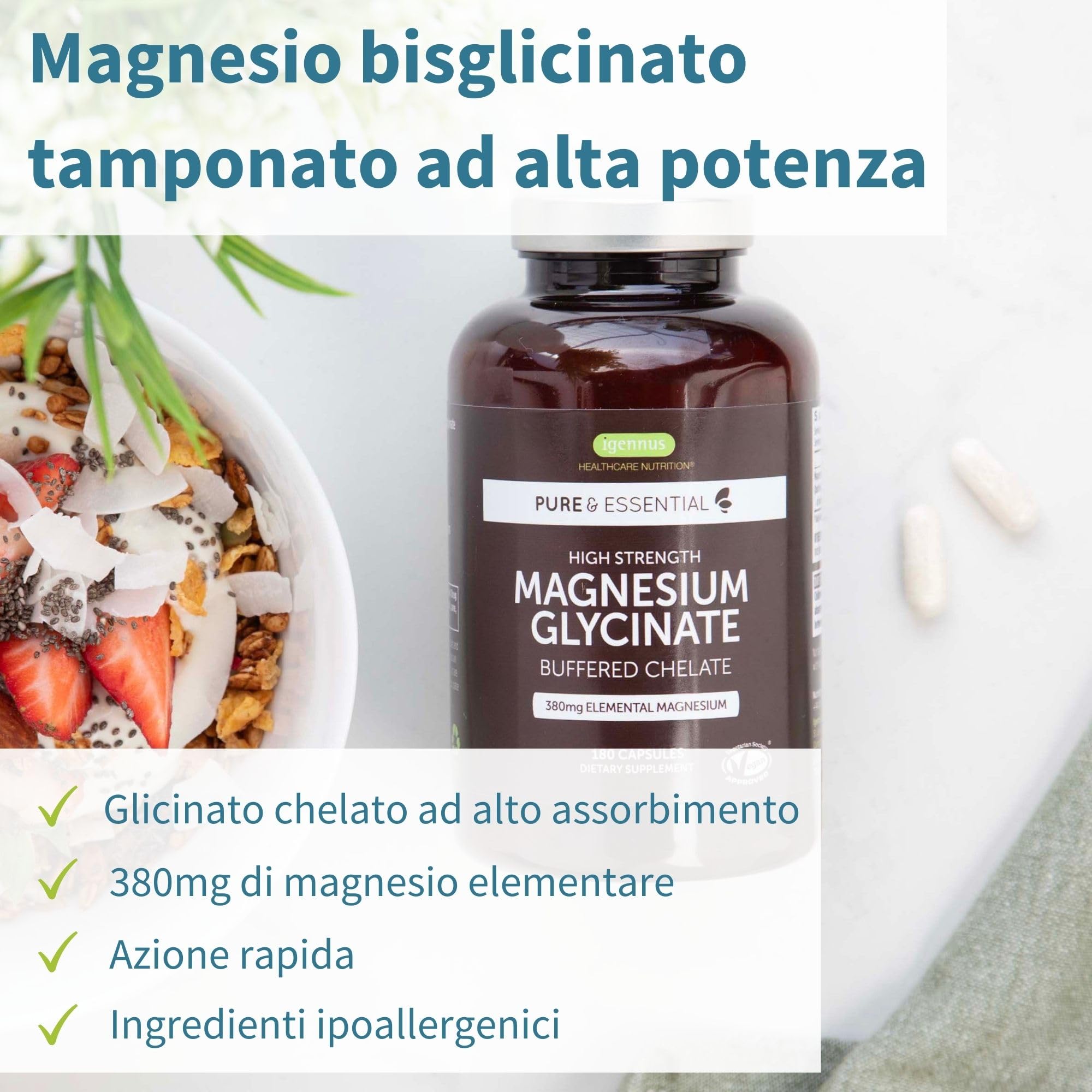 Igennus Magnesio Glicinato Chelato 380mg, 180 Capsule (3 Mesi), Bisglicinato Puro ad Alto Assorbimento, Delicato sullo Stomaco, Supporta Sonno, Muscoli e Sistema Nervoso, Ingredienti Puri e Vegani