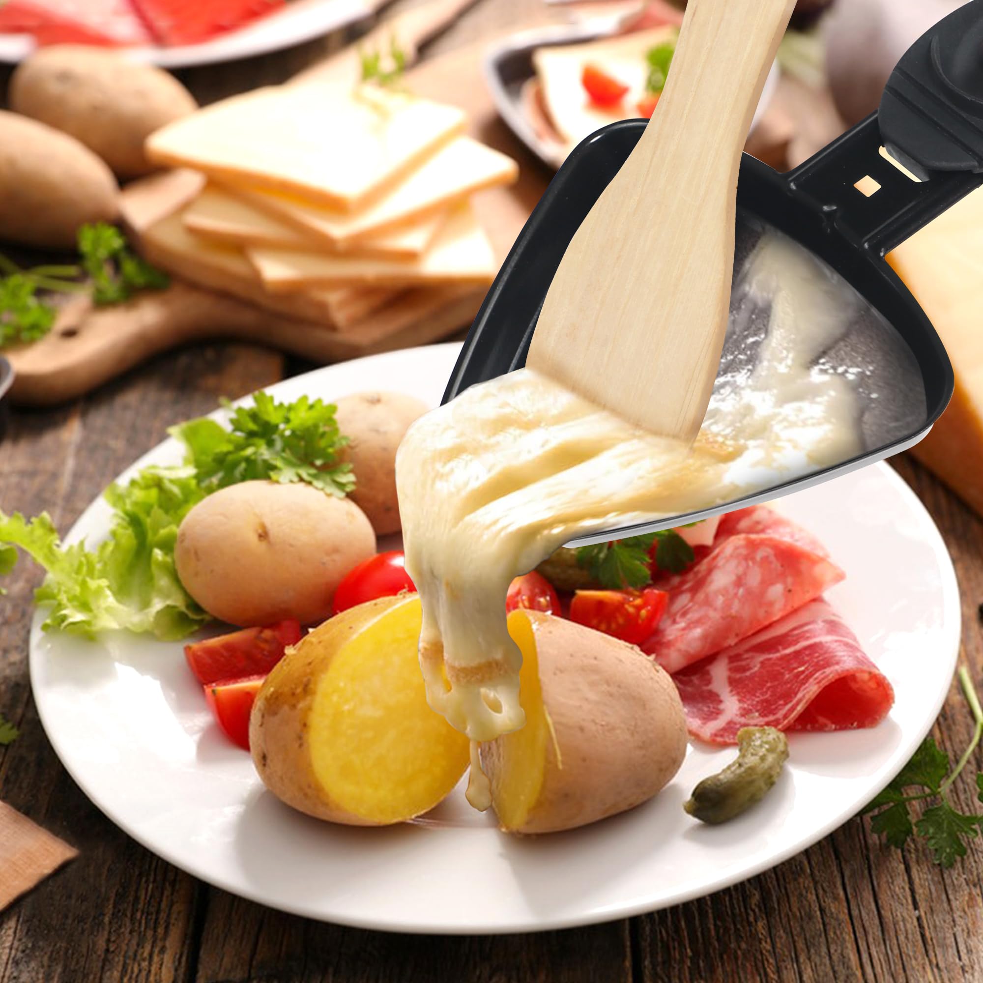 HengBO padelle per raclette, Mini Piatti Piastra da Raclette con rivestimento antiaderente e manico isolato e 4 Pala di Legno Per Formaggio Fuso Uovo Fritto（raclette 8 Persone）