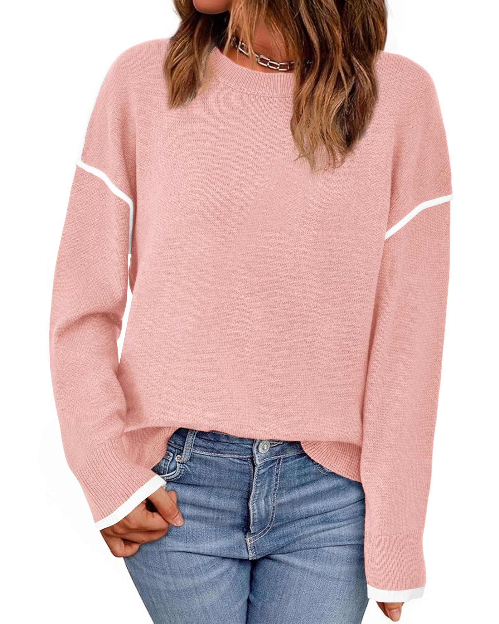BTFBM Fall Sweaters for Women 2025 Trendy Casual Crew Neck Long Sleeve Loose Ribbed Knit Sweater Pullover Jumper