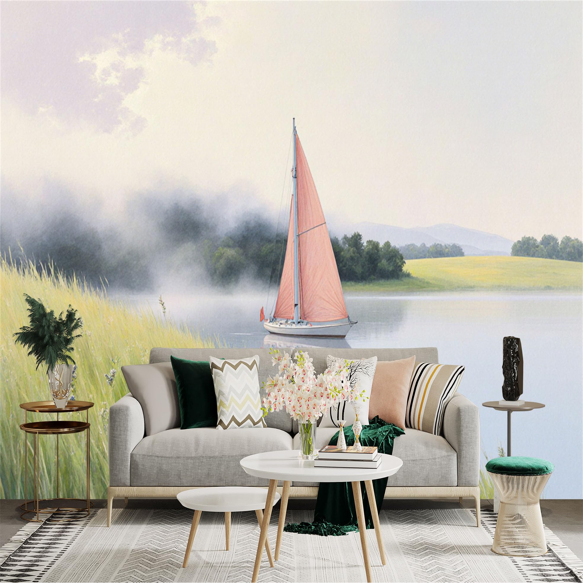 Lnzczhyre Xc260505325 Custom Size Wall Sticker Mural， Sailboat On Calm Lake， Misty Morning Landscape， Green Meadow Shore， Peaceful Nature Scene， For Wall Decoration， Peelandstick Wall Decals.