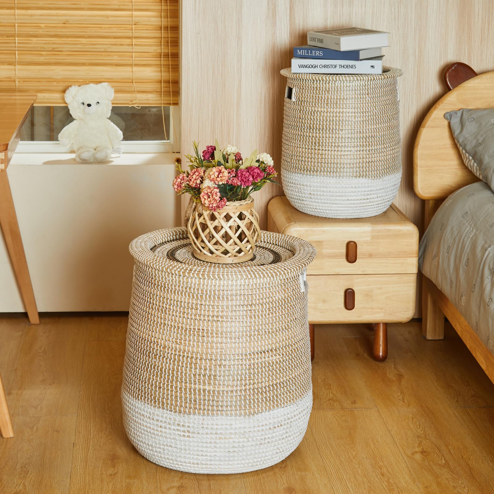 Cesto Portabiancheria Grande con Coperchio, Cesto Intrecciato in Alghe Marine, Adatto per Riporre Vestiti, Giocattoli e Cuscini, Bianco e Marrone, 45,14 L/86,38 L