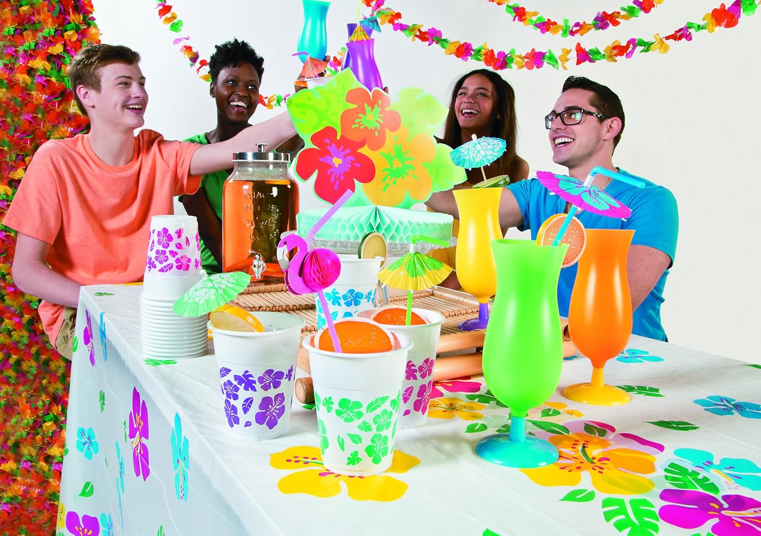 Fun Express Plastic Cocktail Glasses Hurricane Style 14 oz Set of 12 - Neon Reusable Tiki Glasses for Cocktails, Luau Cups & Outdoor Parties | Unbreakable Acrylic Drinkware for Pool & Summer Events