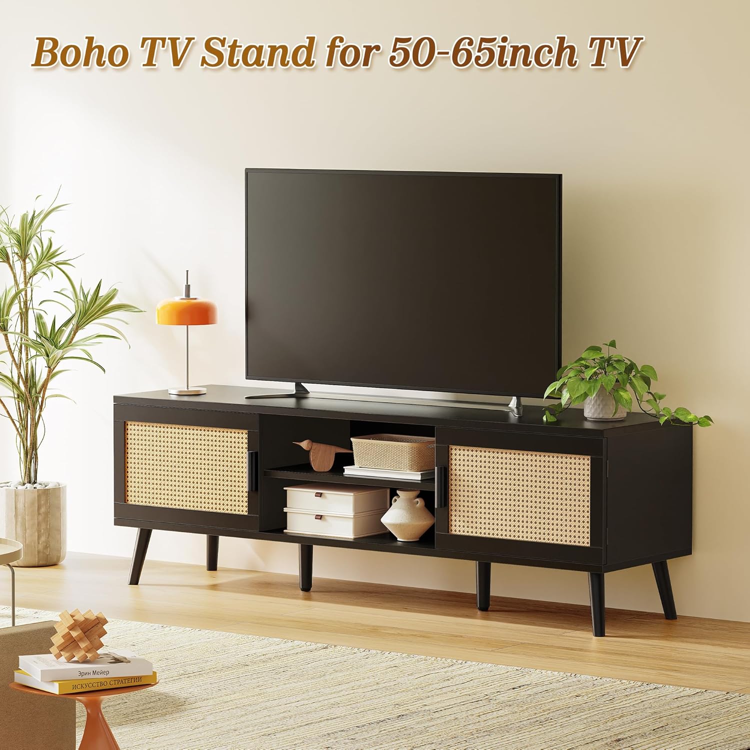SUPERJARE TV Stand for 65 Inch TV, Entertainment Center with Adjustable Shelf, Rattan TV Console with 2 Cabinets, Media Console, Solid Wood Feet, 4 Cord Holes, for Living Room, Black - Image 2