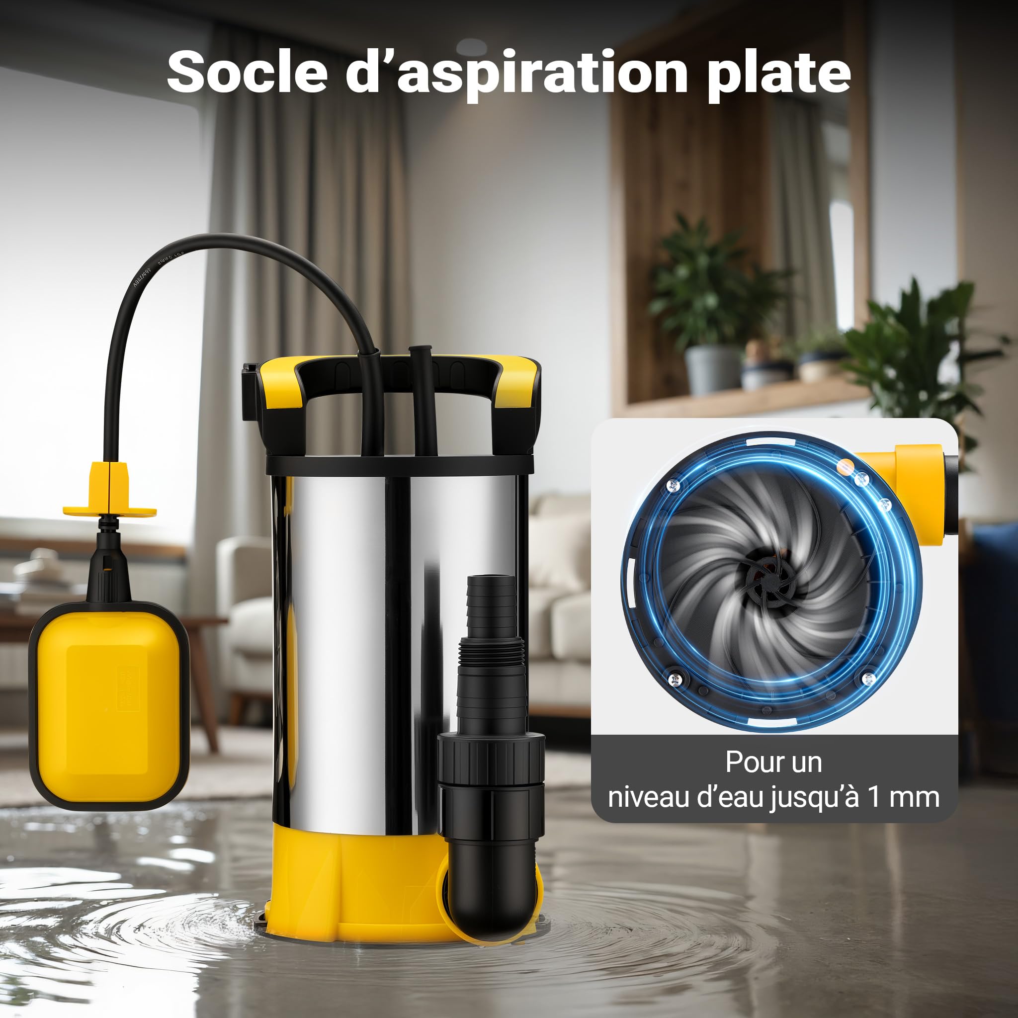 Wiltec Pompe à eau immergée à aspiration plate 400 W – Jusqu’à 1 mm – 8000 l/h – Acier inox – Refoulement max. 5 m, profondeur max. 7 m – Interrupteur à flotteur – Pompe submersible Eau propre