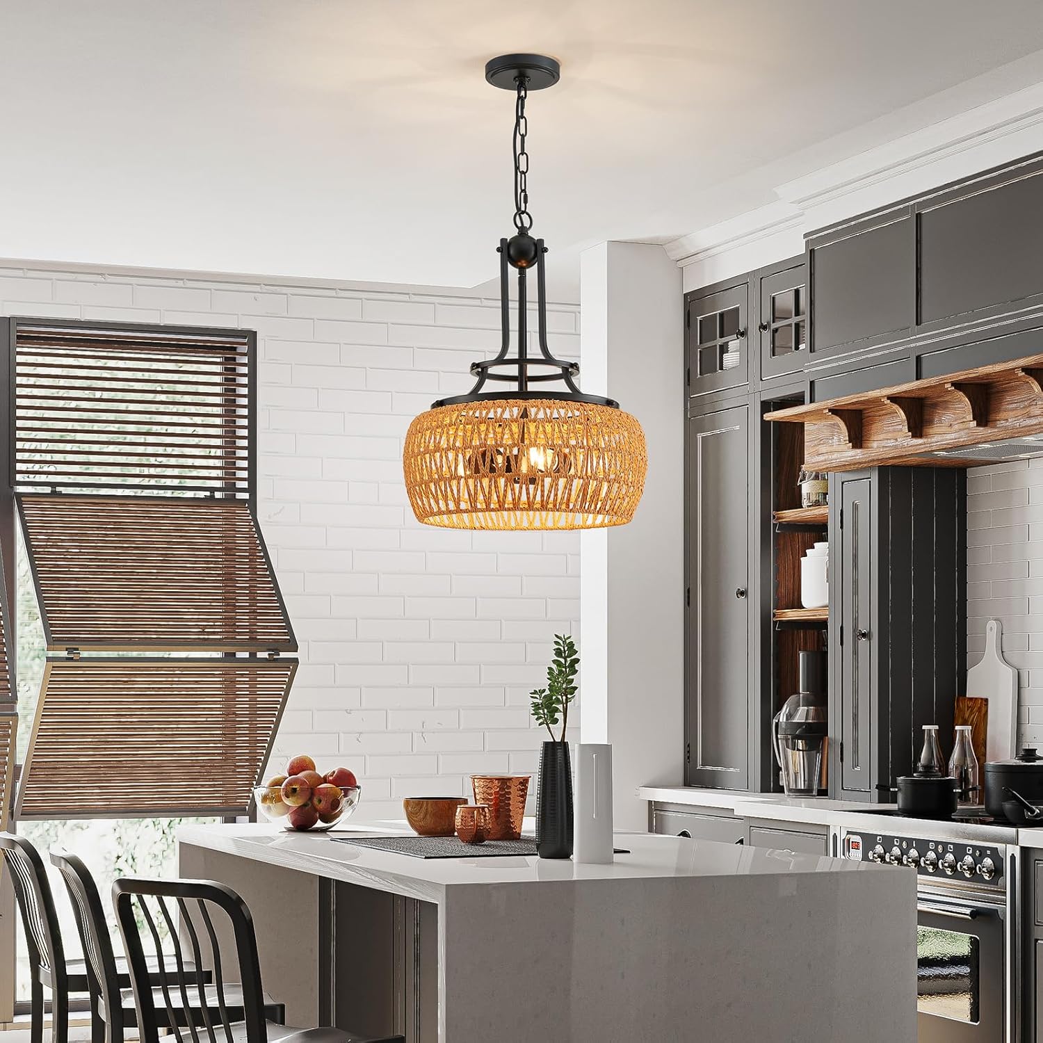 WUZUPS Rattan Boho Chandelier Rustic Farmhouse Industrial Round Coastal Hanging Pendant Light Fixture Wicker Lampshade for Dining Room Kitchen Island Foyer Entryway, H 19.6" x W 15.9", Black