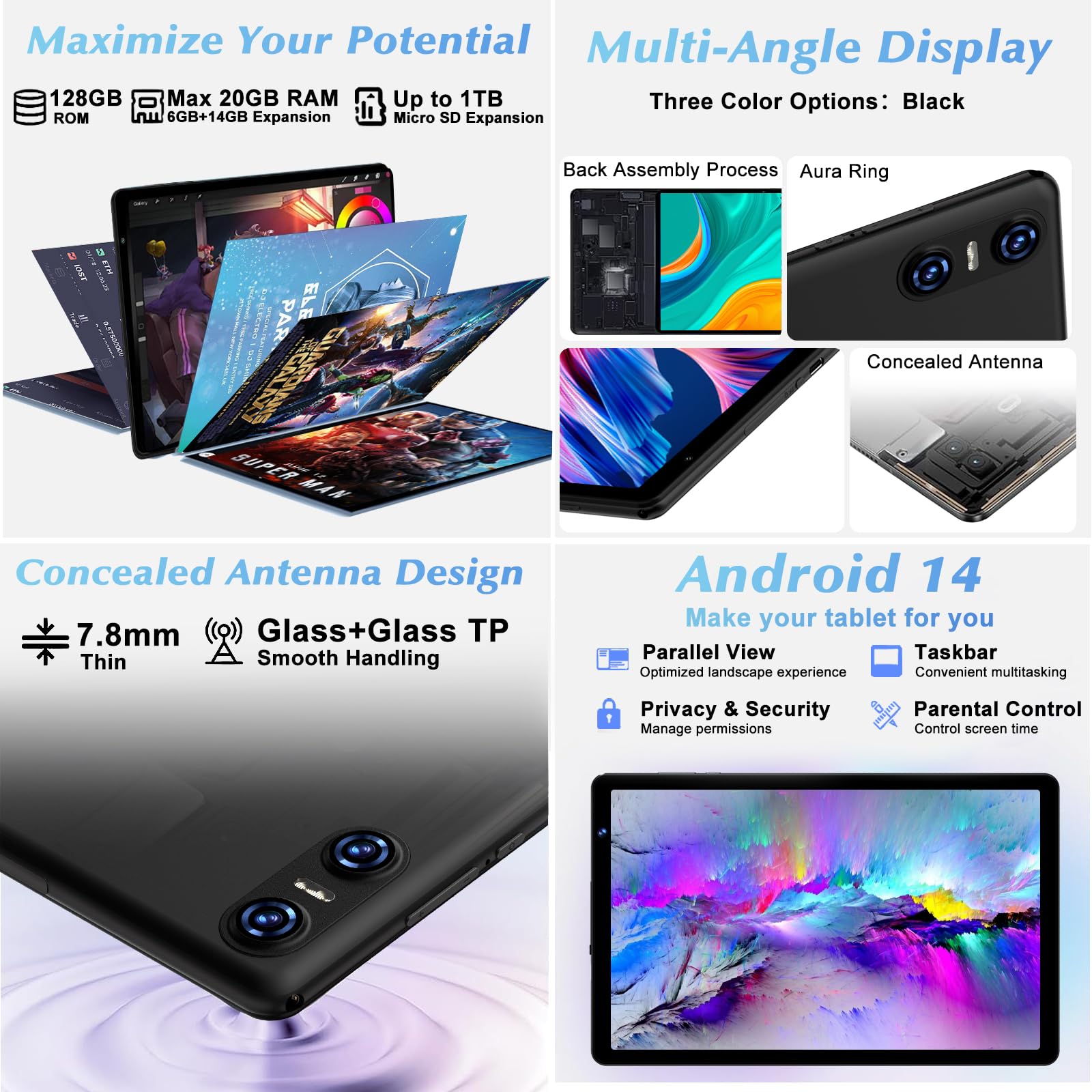 Tablet Android 14 z 5G Wi-Fi 6, 20 GB RAM + 128 GB ROM (z Możliwością Rozszerzenia do 1TB), Widevine L1, 8 Rdzeni, 5MP + 8MP, 6000 mAh, 10-Calowy Tablet z Klawiaturą + Myszą i Etui, Czarny