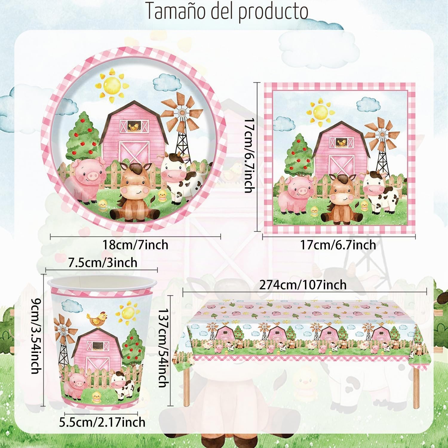 Juego de vajilla de fiesta de granja, cerdo y cordero, 61 piezas, decoración de fiesta de cumpleaños de granja, incluye platos, vasos, servilletas de papel, manteles, para 20 personas