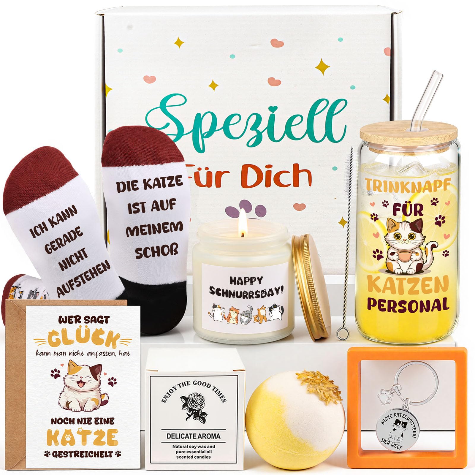 TUZELIYA Geschenke für Katzenliebhaber - Süße Katzen Geschenkset mit Katzen Trinkbecher Katzensocken Duftkerze, Geburtstagsgeschenk für Frauen Freundin Mädchen