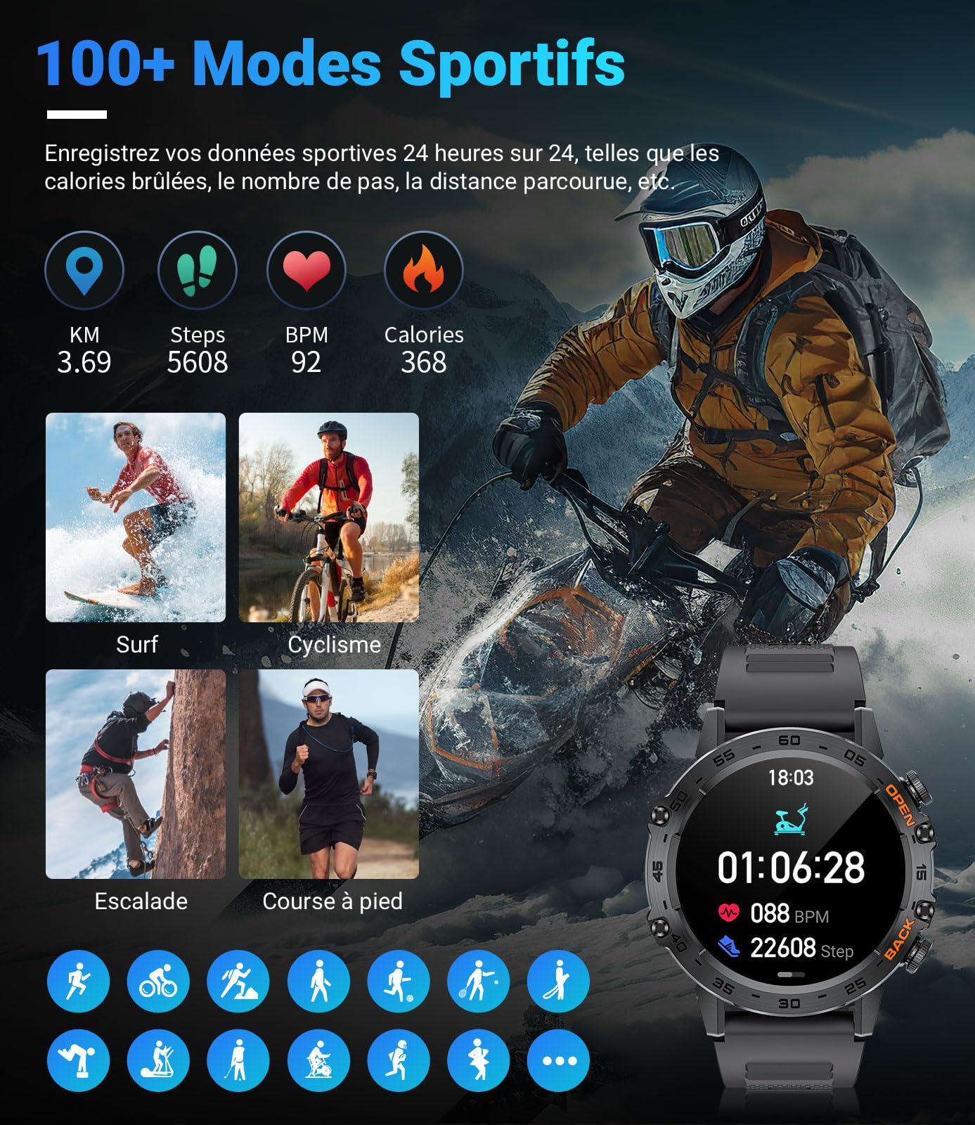 LIGE Montre Connectée Homme, 1.39" Smartwatch avec Fréquence Cardiaque, Tension Artérielle, SpO2, Durée du Sommeil, 300+ Cadran, 100+ Sports Fitness Watch pour Android iOS, IP67, Noir