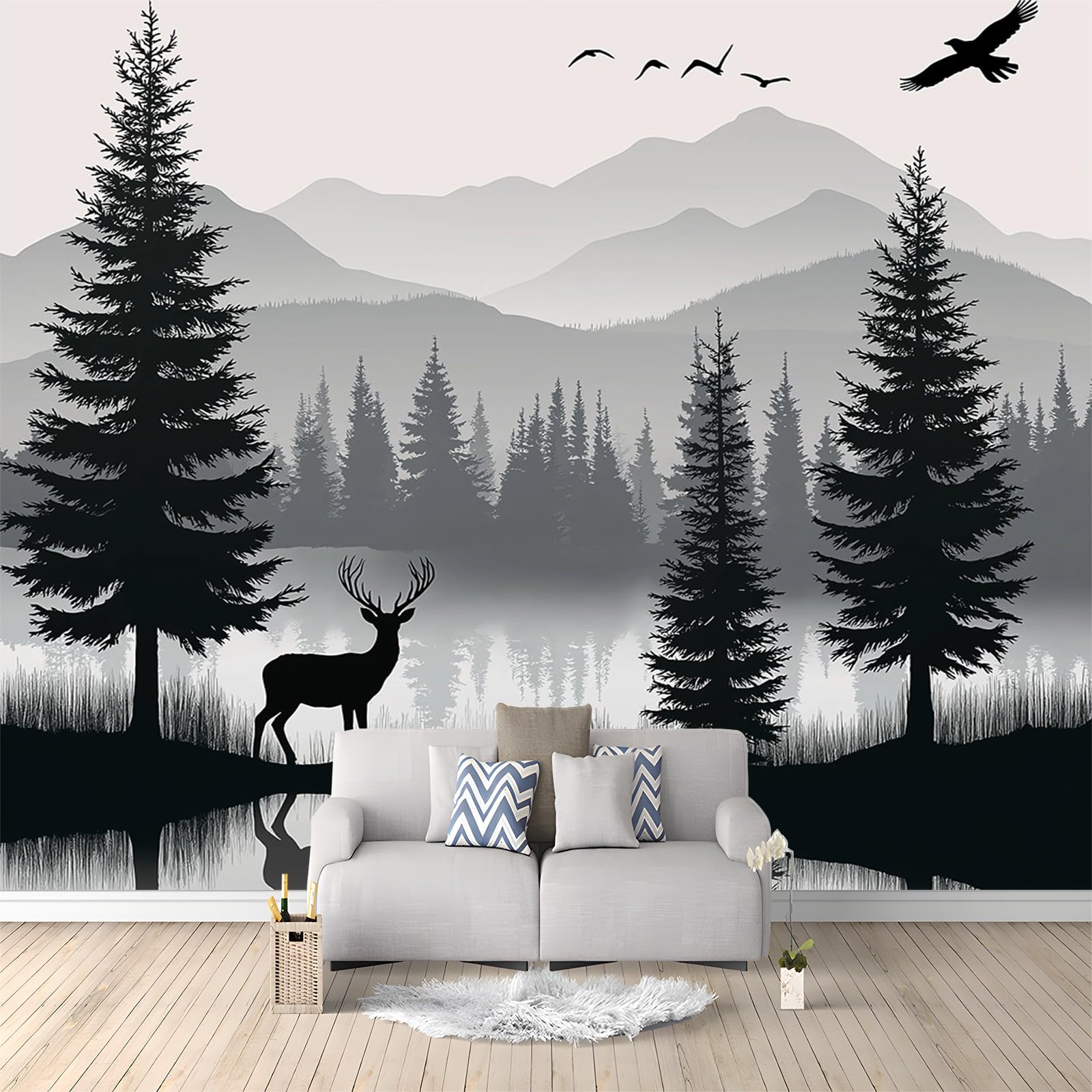 3D Panoramic Wallpaper Mural, 300 x 210 cm Photo Wallpaper Mural, Silhouette Forest Lake Deer Pine Tree Bird Photo Wallpaper 3D Effect, Grey Wallpaper Mural - Poster for Bedroom Living Room Corridor