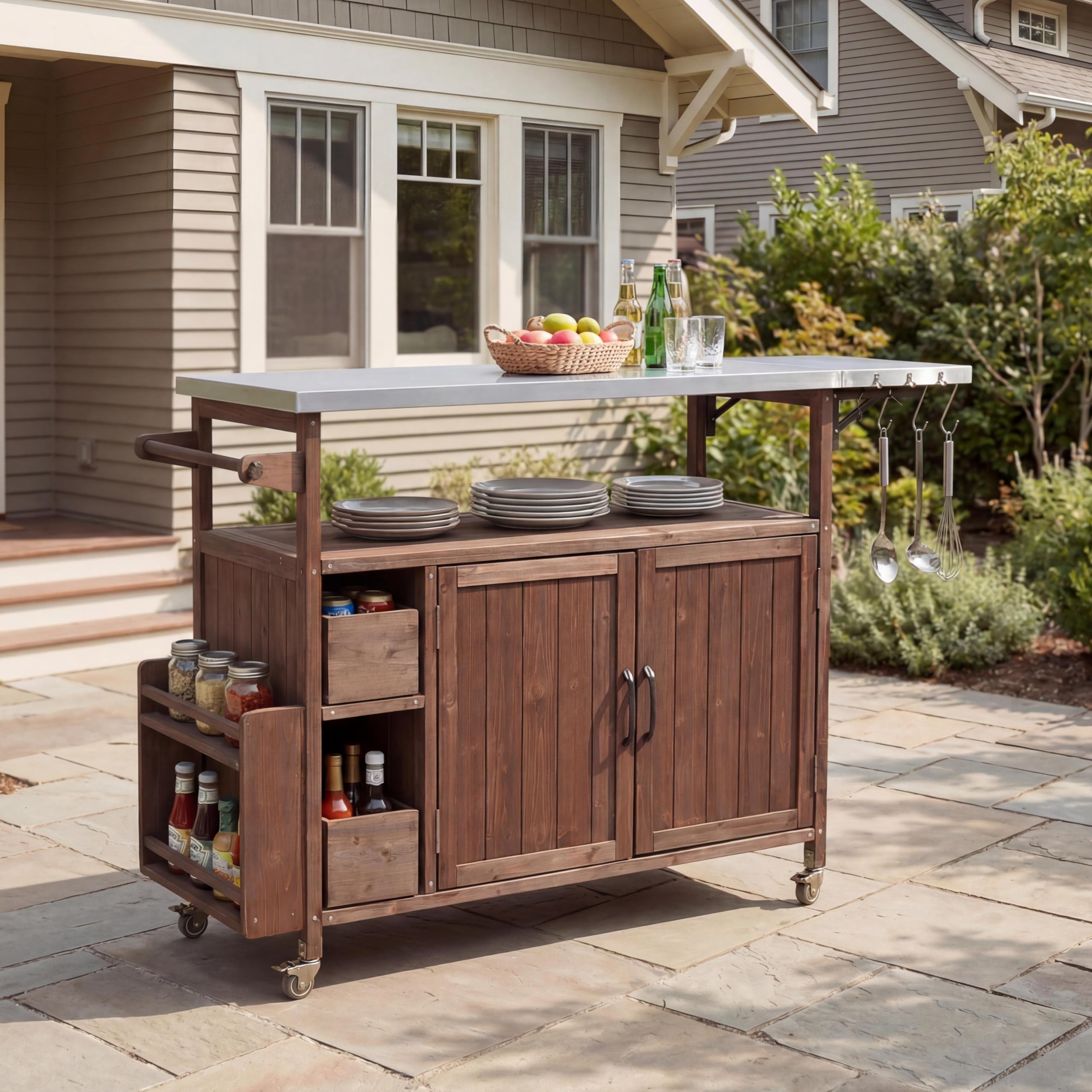 Christopher Knight Home Edsel Outdoor Bar Cart with Stainless Steel Top and Lockable Wheels, Solid Wood Outdoor Storage Cabinet, Kitchen Island