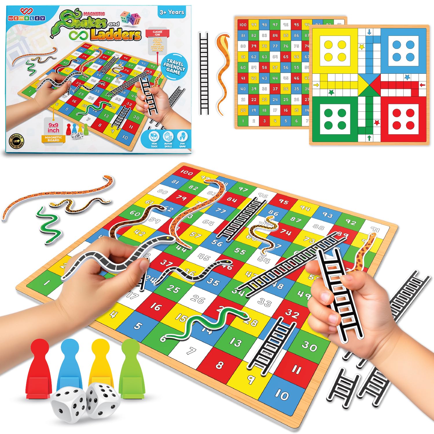 Wembley 2-in-1 Magnetic Ludo Board Game | Travel Friendly Toy with Removable Snake and Ladder | Repositionable Snakes & Ladders for 3+ Year Old Kids-picture-17