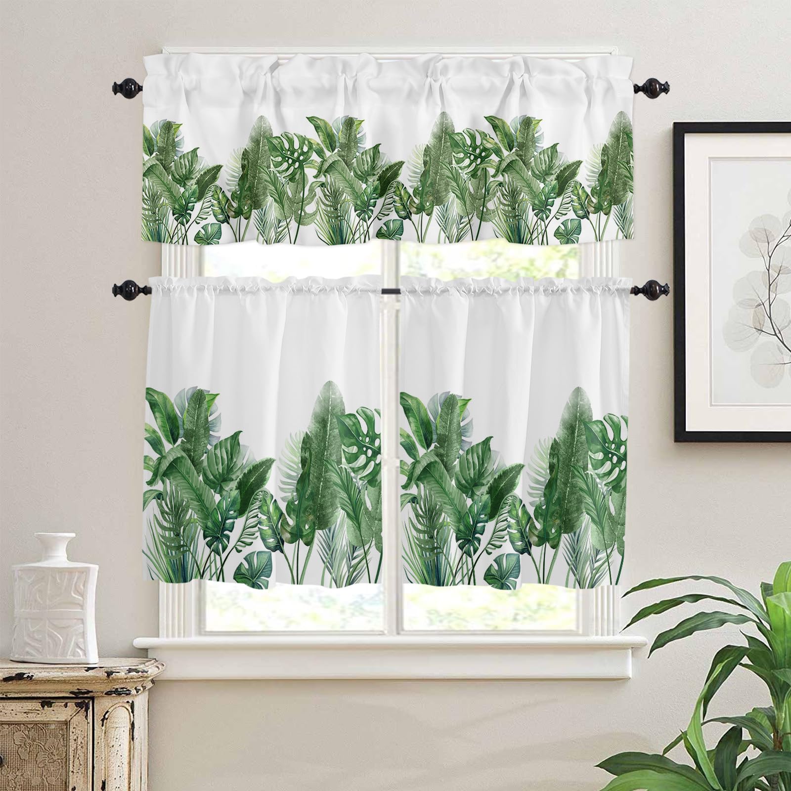 Kitchen Curtain Valance & Tiers Set Watercolor Green Palm Leaves,3 Pieces Rod Pocket Tier Curtains, Tropical Jungle Plants on White Light Filter Valance Panel Drapes for Bedroom Bathroom Living Room
