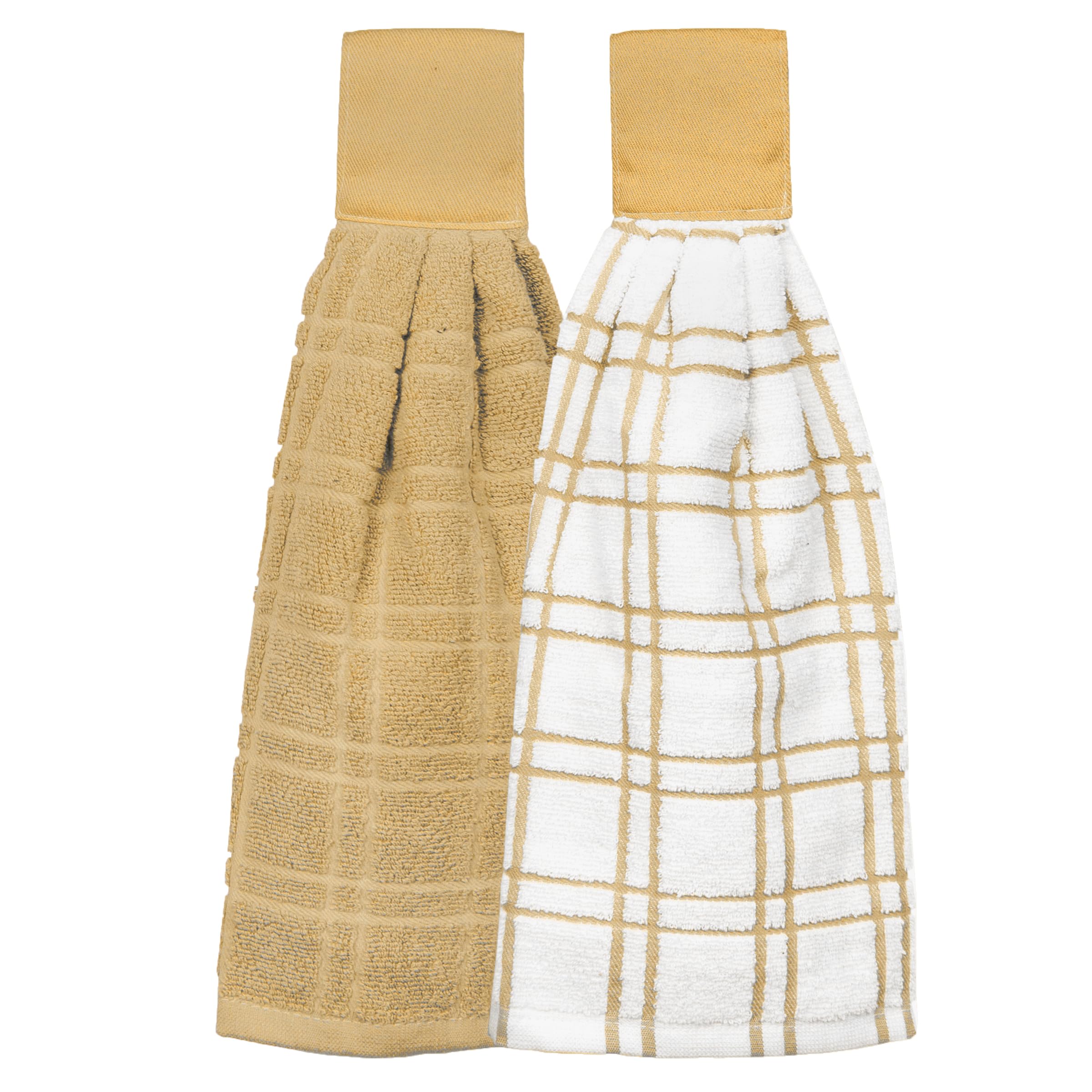 Ritz Premium 100% Cotton Solid and Multi Check Kitchen Tie Towel, Absorbent, Super Soft, and Fast Drying Hang Towel, Set of Two, Straw