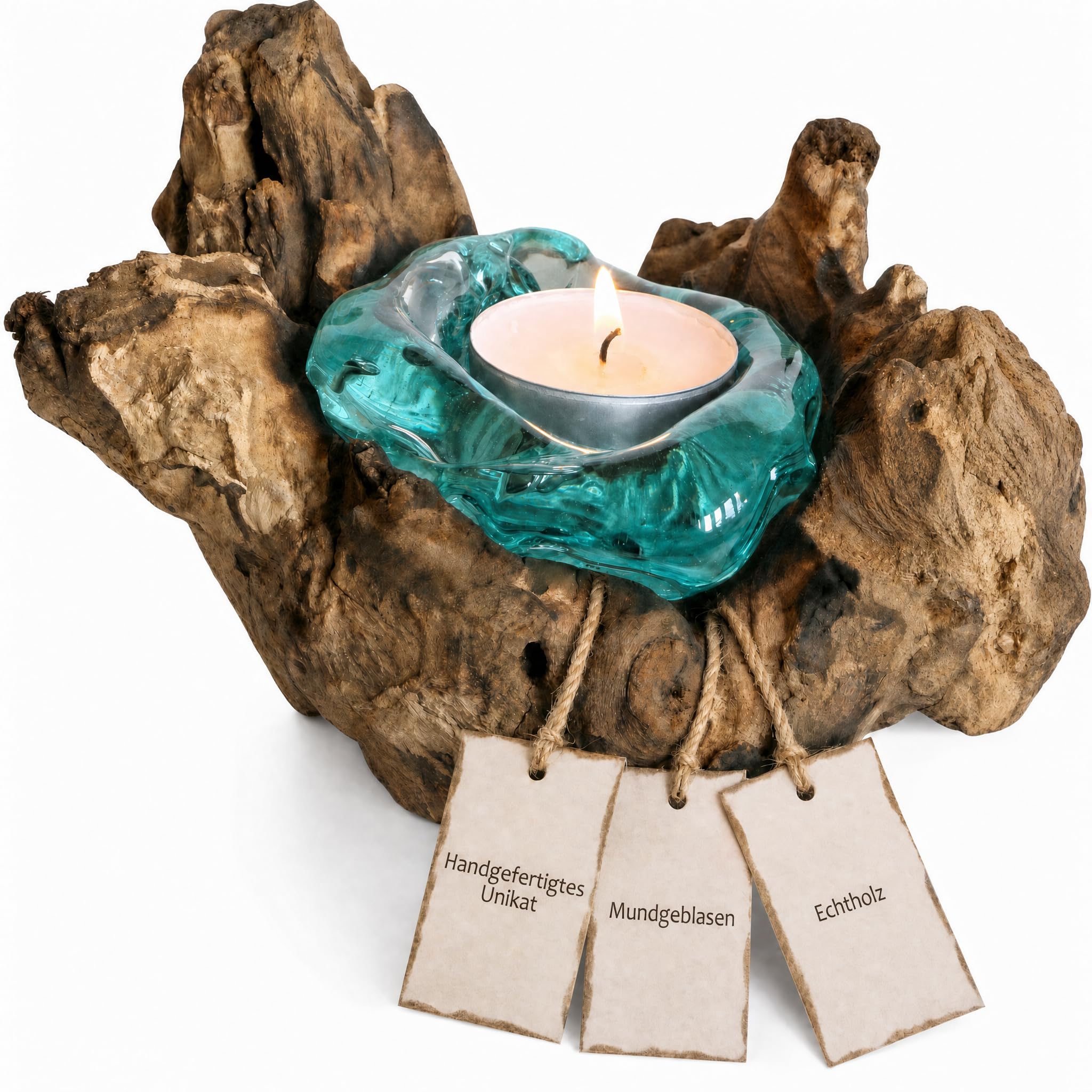 Handgefertigter Teelichthalter aus Glas auf Wurzelholz als Geschenk-Idee zur stilvollen Tisch-Deko Holz Teelicht 1