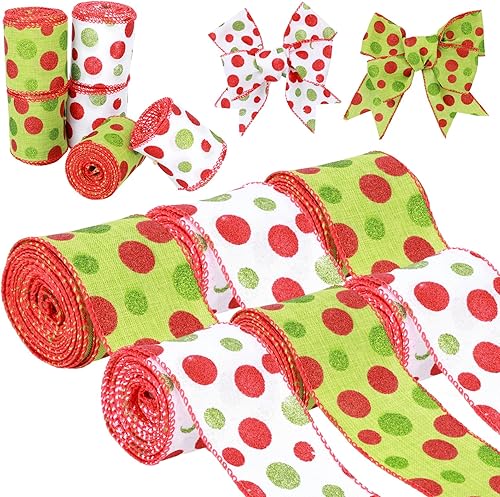 6 rollos de cinta de Navidad con alambre de puntos verdes y rojos de lunares de 2.5 pulgadas, cinta de arpillera con purpurina de Navidad, cinta de