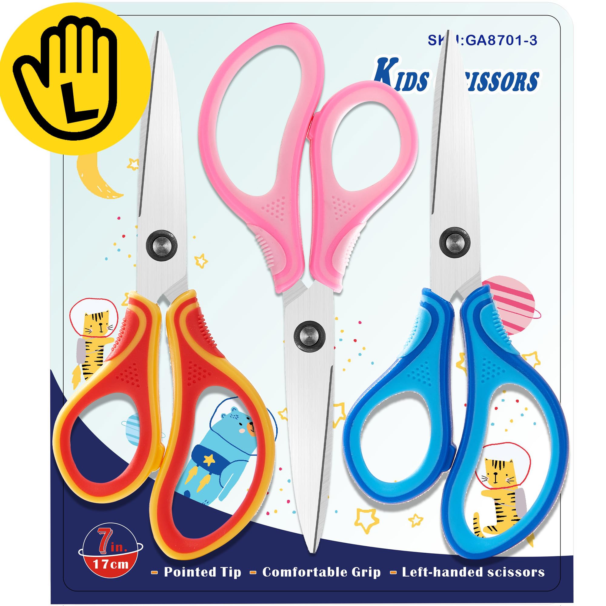 7" Real Left-Handed Kids Scissors - 3-Pack, Ages 8-16, Pointed Tip, Stainless Steel Blades, Soft Grip, Great for DIY, Arts, School