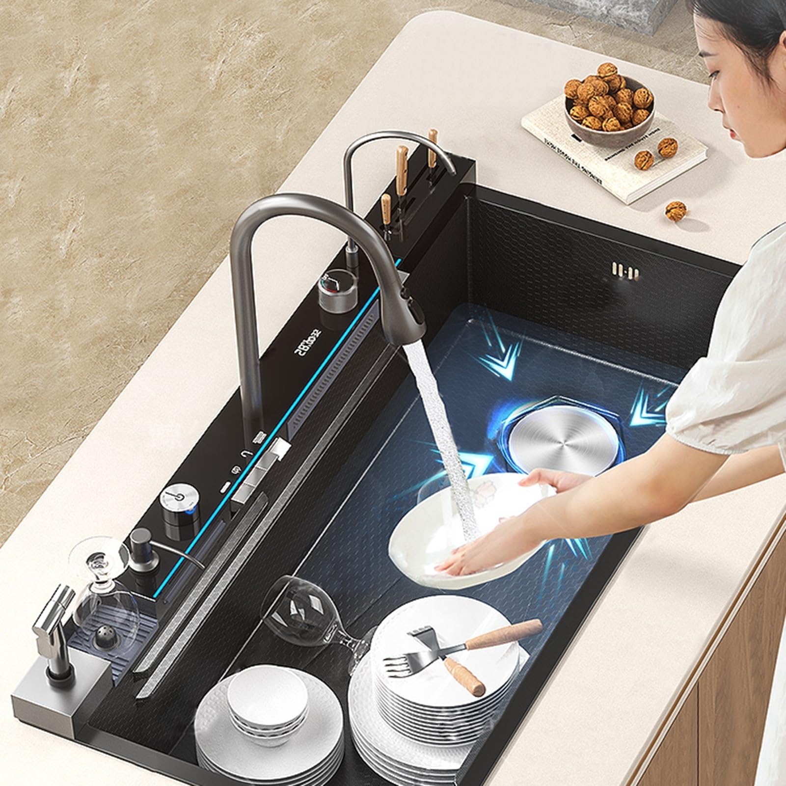 Fregadero de Cocina de 100 x 50 cm con Dos cascadas y Pistola pulverizadora de Alta presión, Fregadero de Cocina con Pantalla Digital, Fregadero de Acero Inoxidable con Caja portac