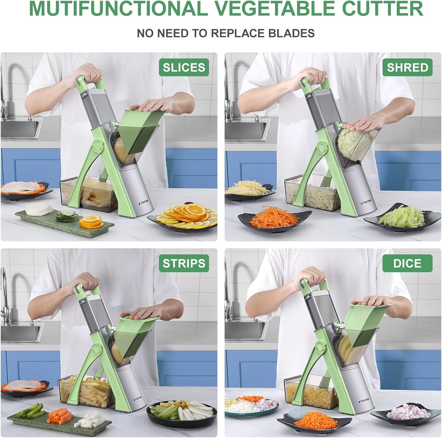[All in 1] Upgraded Version Safe Mandoline Slicer for Kitchen, Adjustable Thickness. Detachable Blade, Veggie Slicer, Rapid Prep Mandoline, with Cleaning Brush/Paring Knife (MatchaGreen)