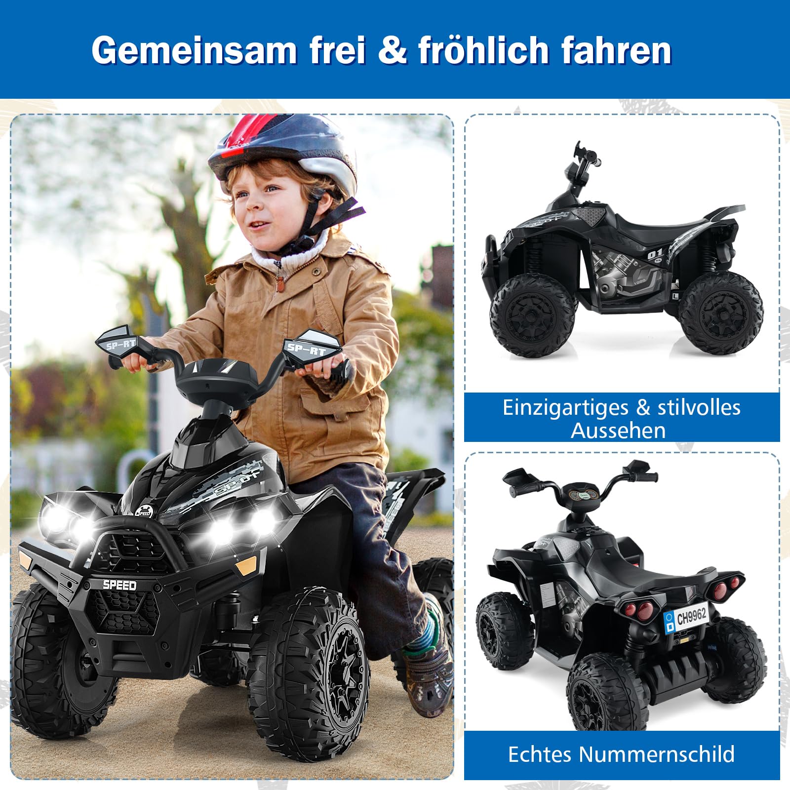 COSTWAY 12V elektryczne quad dla dzieci, elektryczny quad z muzyką, klaksonem i reflektorem LED, quad dla dzieci 2,2-4,3 km/h, elektryczny samochód dla dzieci od 3 lat (czarny)