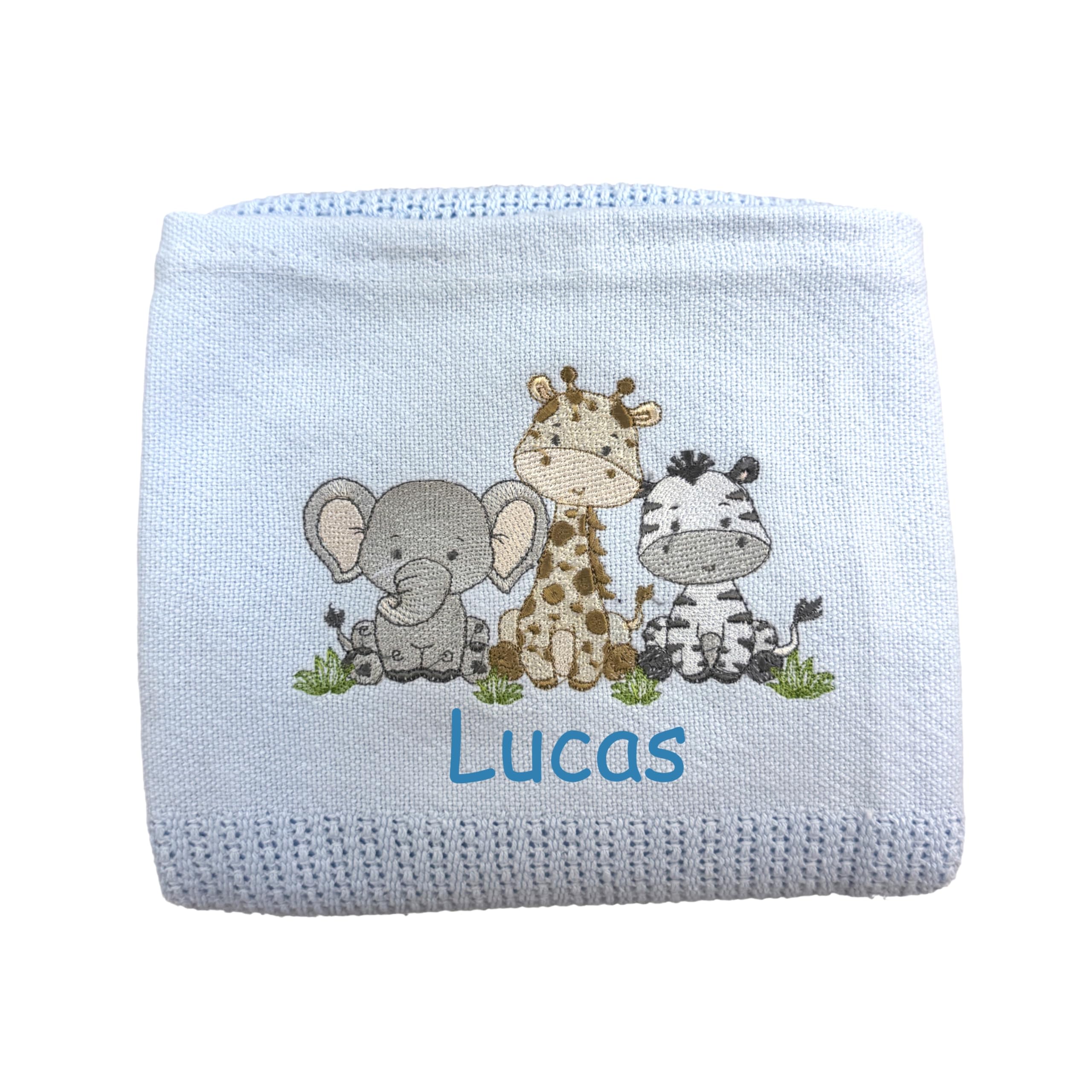 The Pyjama Party Personalised Baby Cellular Blanket with Embroidered Animal Motif 110cm x 70cm 100% Cotton Ideal Baby Gift (Blue)