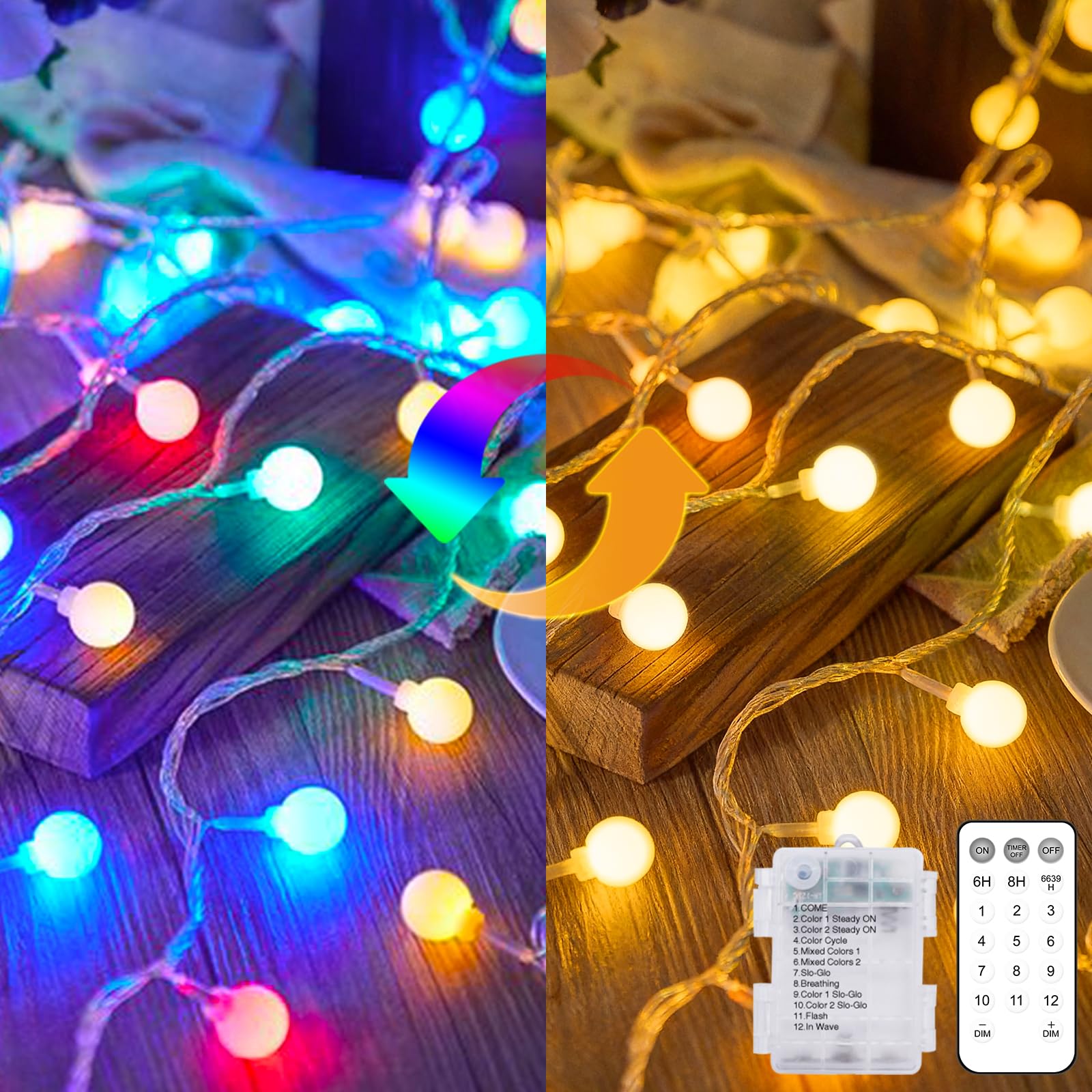 Kolpop Color Changing Globe Fairy Lights Battery Operated with Remote, 50LED 12 Modes String Lights Waterproof for Indoor Outdoor Christmas Bedroom Garden(Warm White & Multicolor)