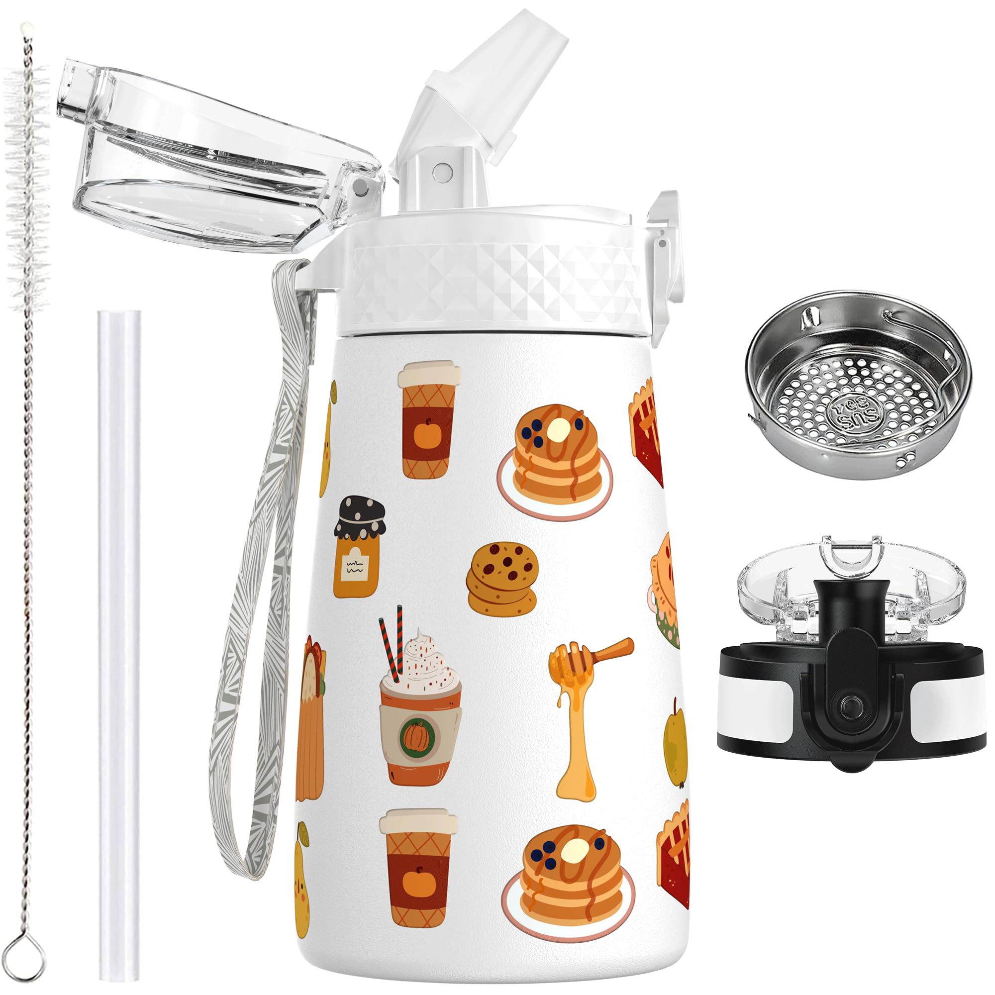 OLDLEY 350ml/12oz Kids Stainless Steel Water Bottle with Straw for School with 2 Different Lid Metal Vacuum Insulated Water Bottles Small Flask for Boys Girls Toddler Children Hot Cold Drinks BPA Free