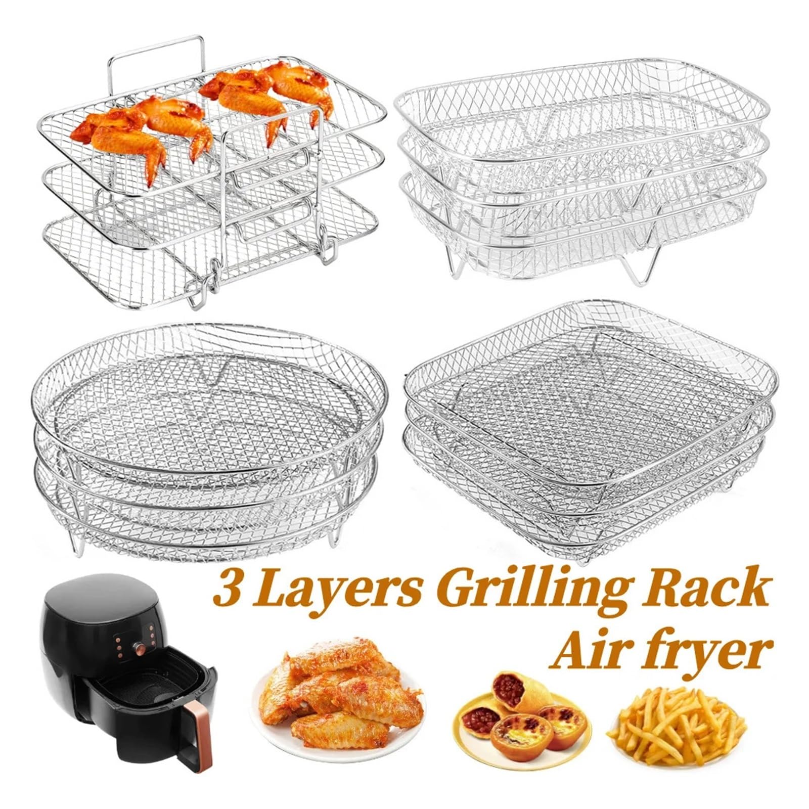 3 Schichten stapelbarer Mesh-Grillkorb, Luftfritteusen-Zubehör, 304 Edelstahl, Luftfritteuse-Rack, Heimküchen-Gadgets, Kochutensilien