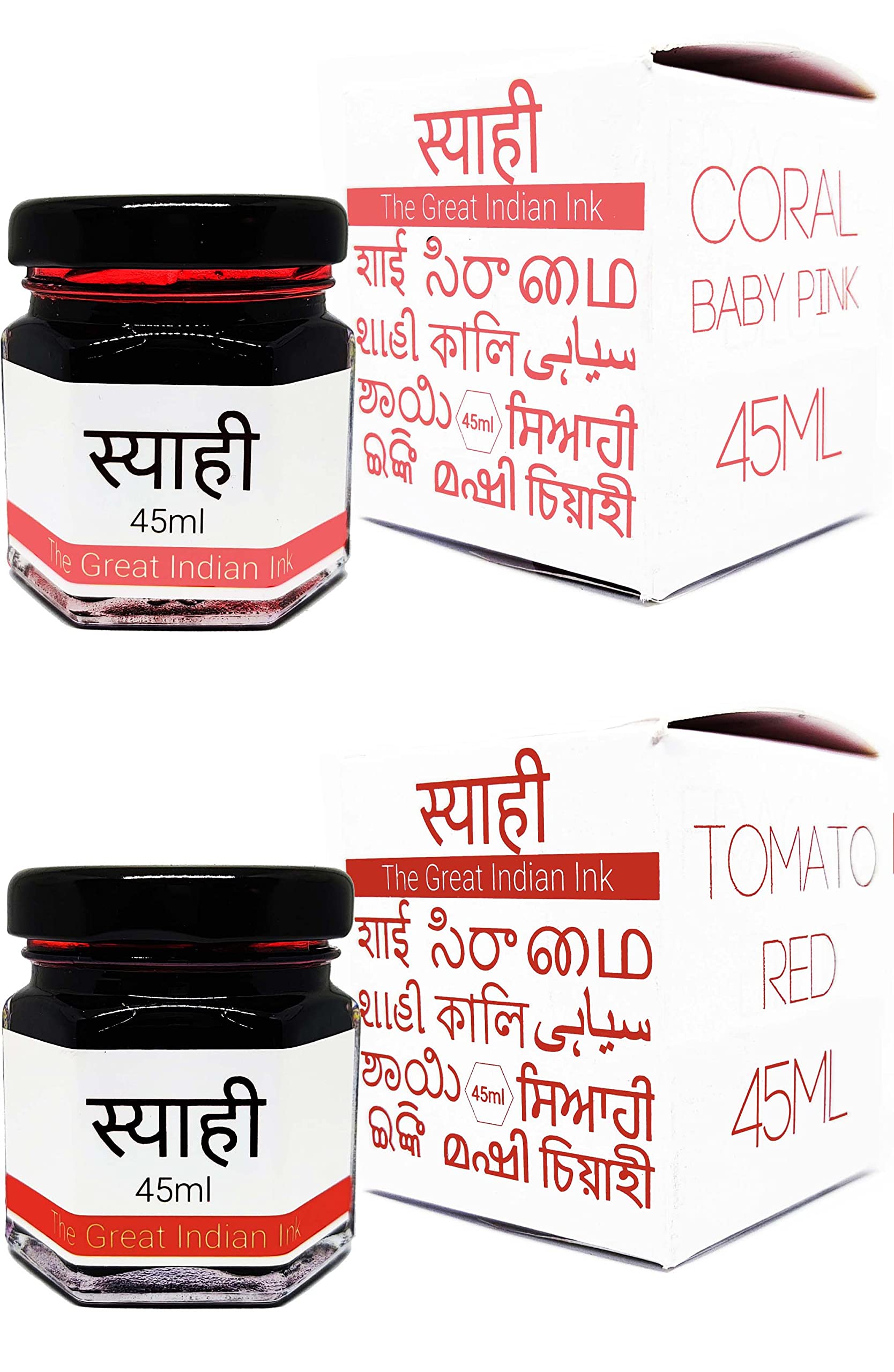 Syahi - The Great Indian Ink - Fountain Pen, Calligraphy, Drawing, Doodle, V5, V7, Trimax (Tomato-Red-Coral-Baby-Pink)